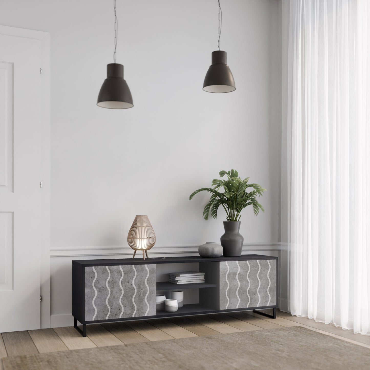 WAVES OF CONCRETE 2-Door TV Stand in Black Finish