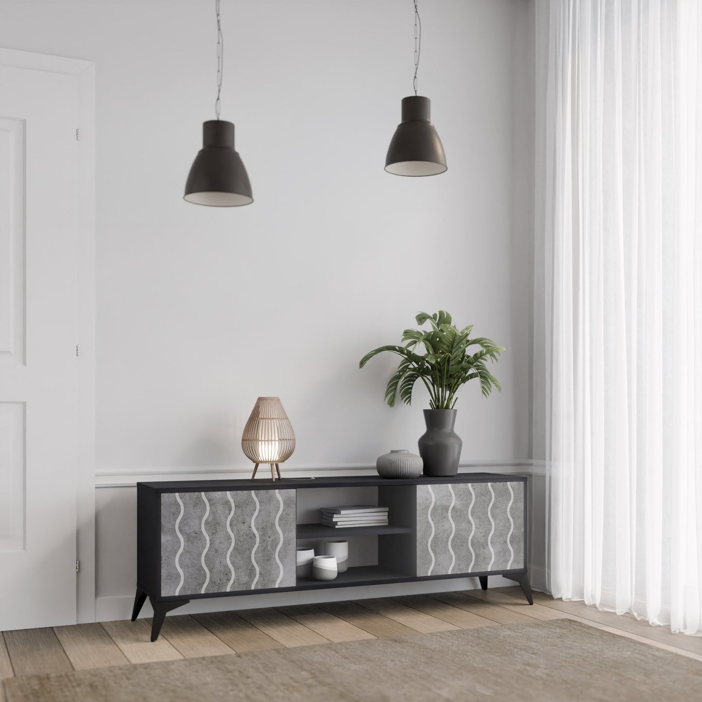 WAVES OF CONCRETE 2-Door TV Stand in Black Finish