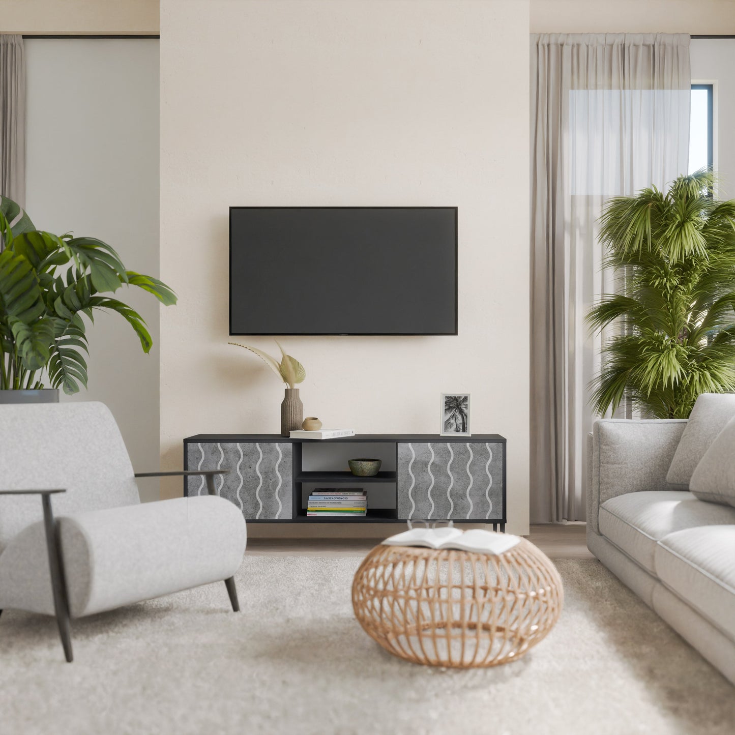 WAVES OF CONCRETE 2-Door TV Stand in Black Finish