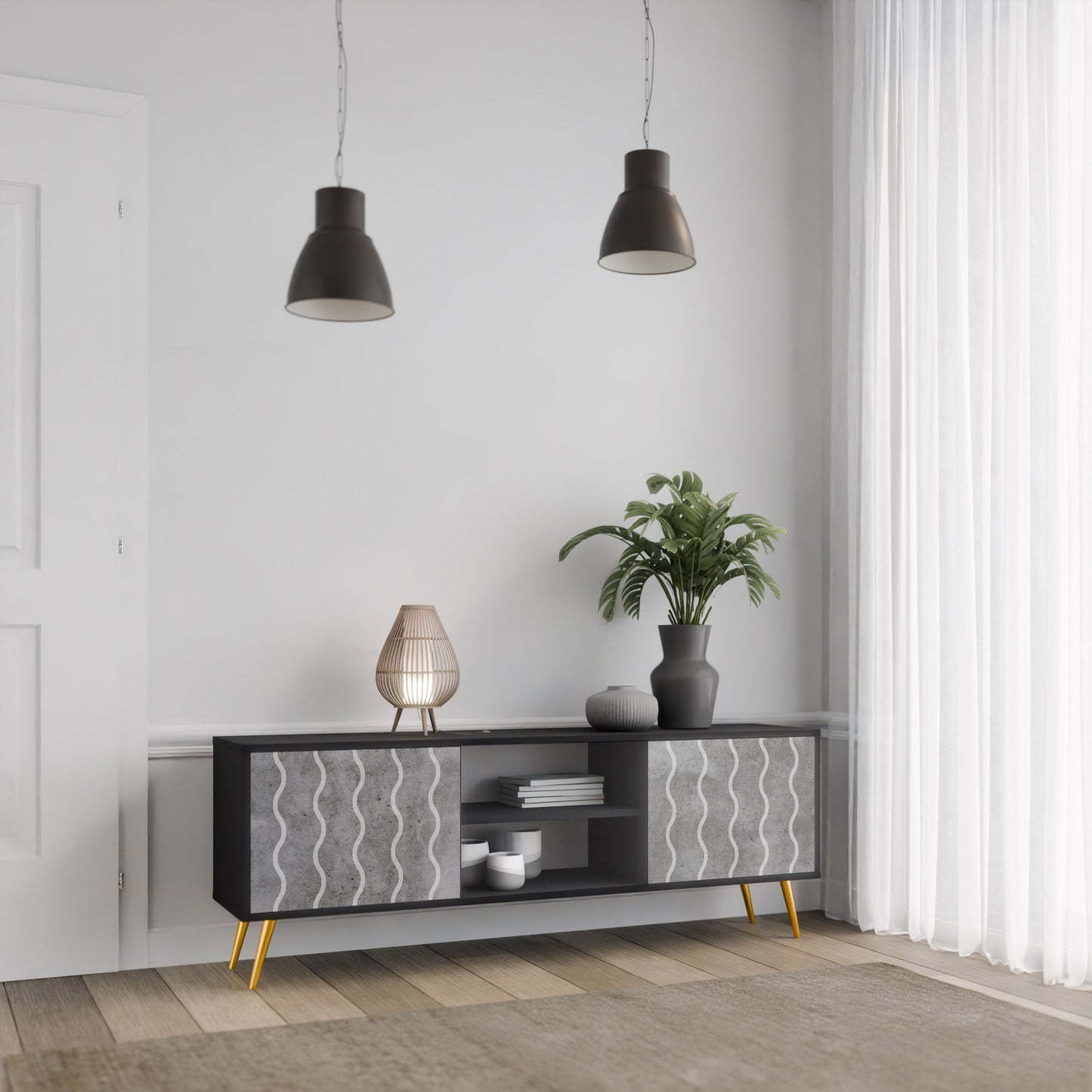 WAVES OF CONCRETE 2-Door TV Stand in Black Finish