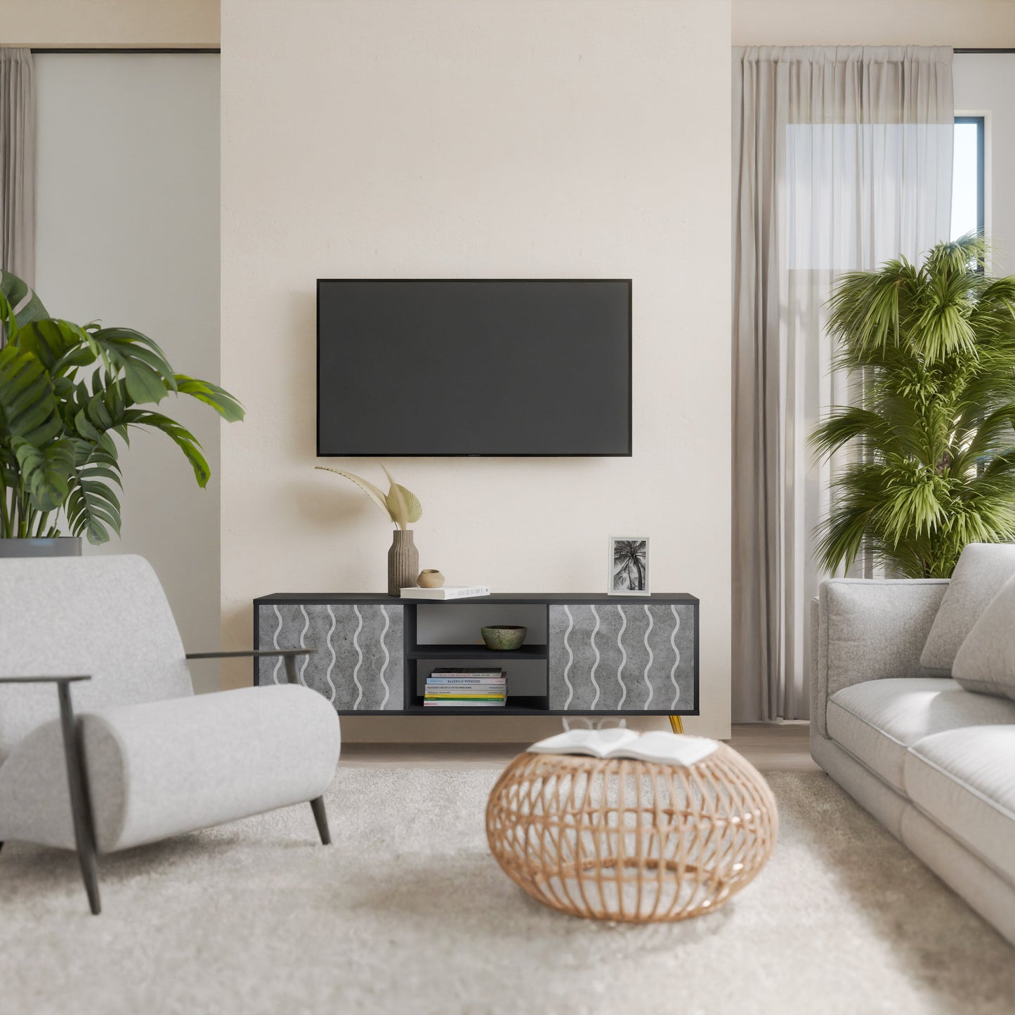 WAVES OF CONCRETE 2-Door TV Stand in Black Finish
