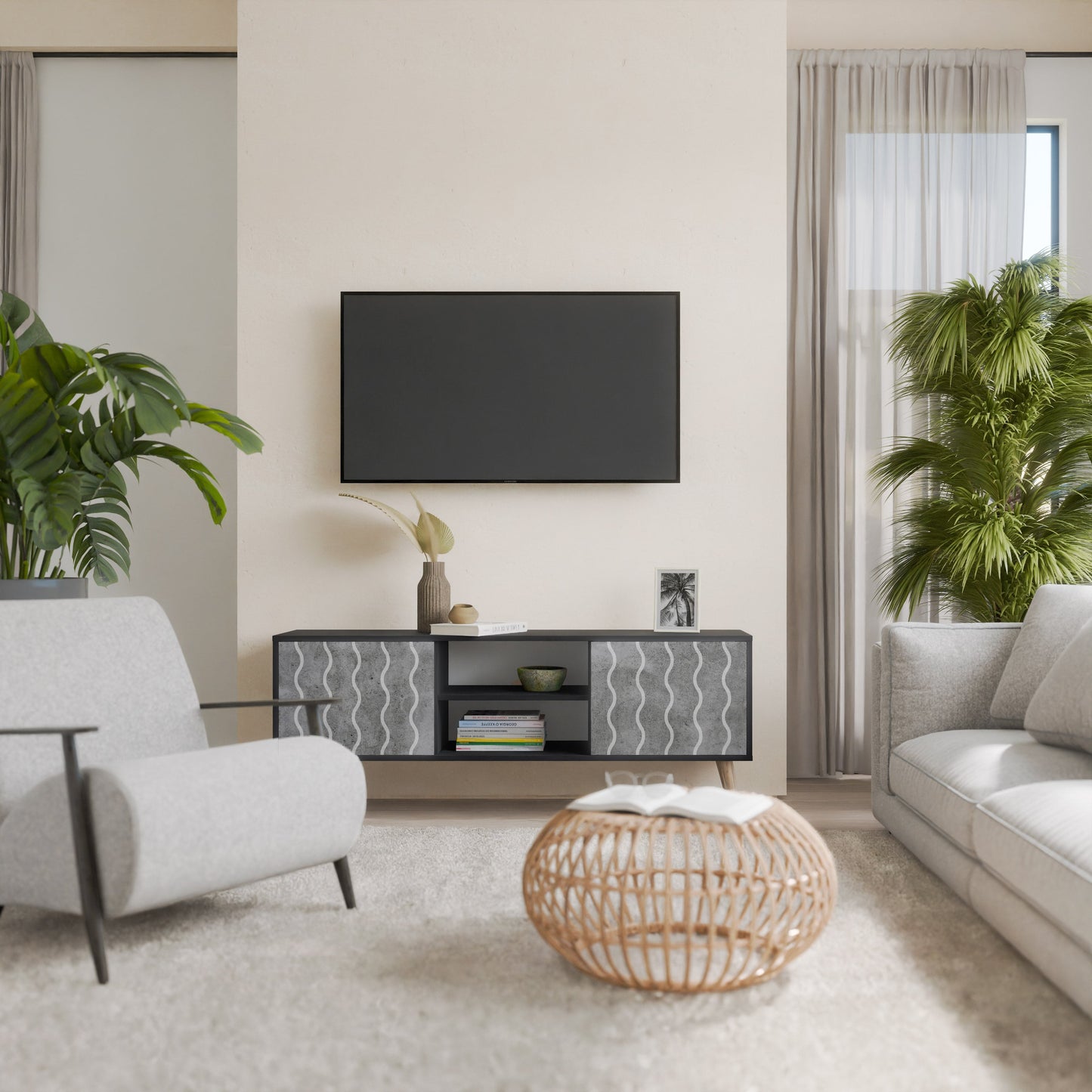 WAVES OF CONCRETE 2-Door TV Stand in Black Finish
