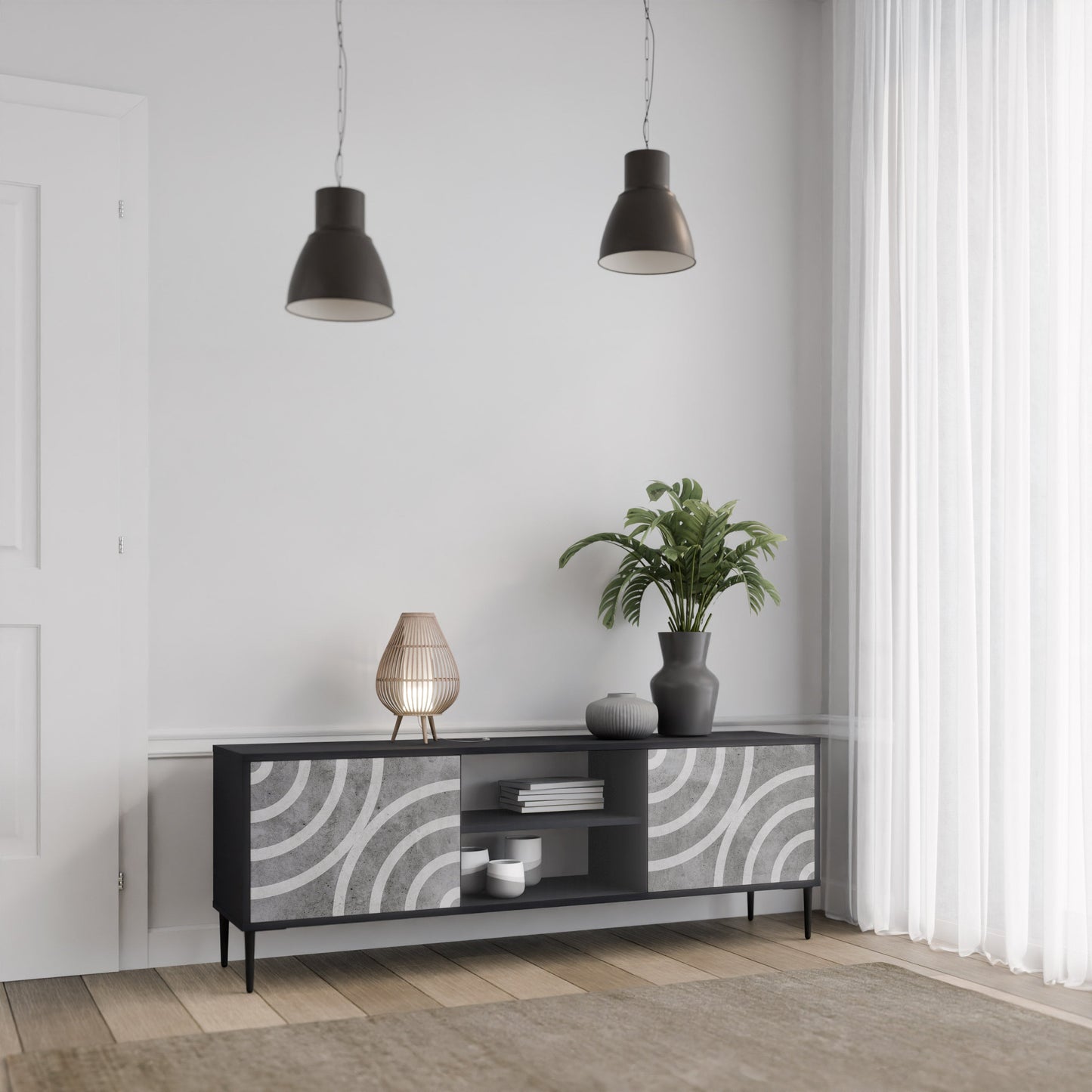 Mobile TV CIRCLE CONCRETE a 2 ante in finitura nera