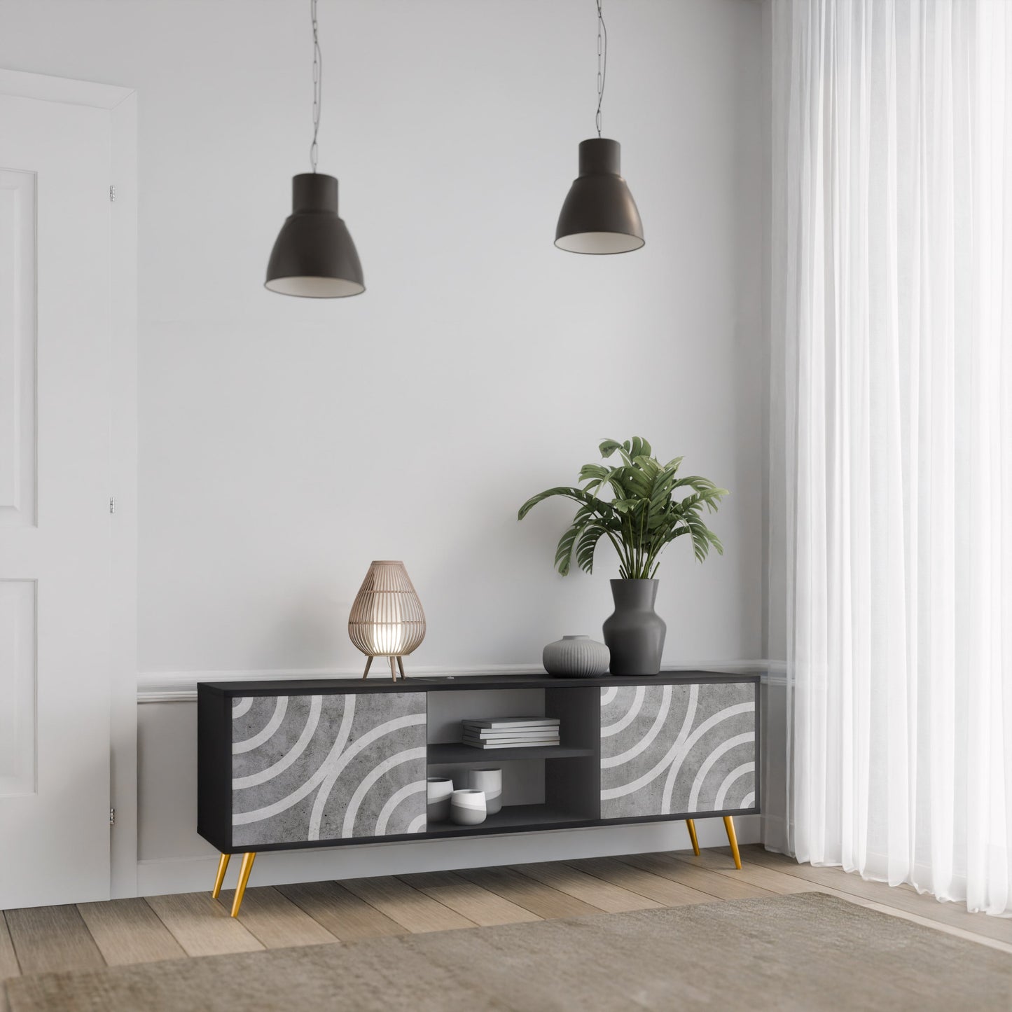 Mobile TV CIRCLE CONCRETE a 2 ante in finitura nera