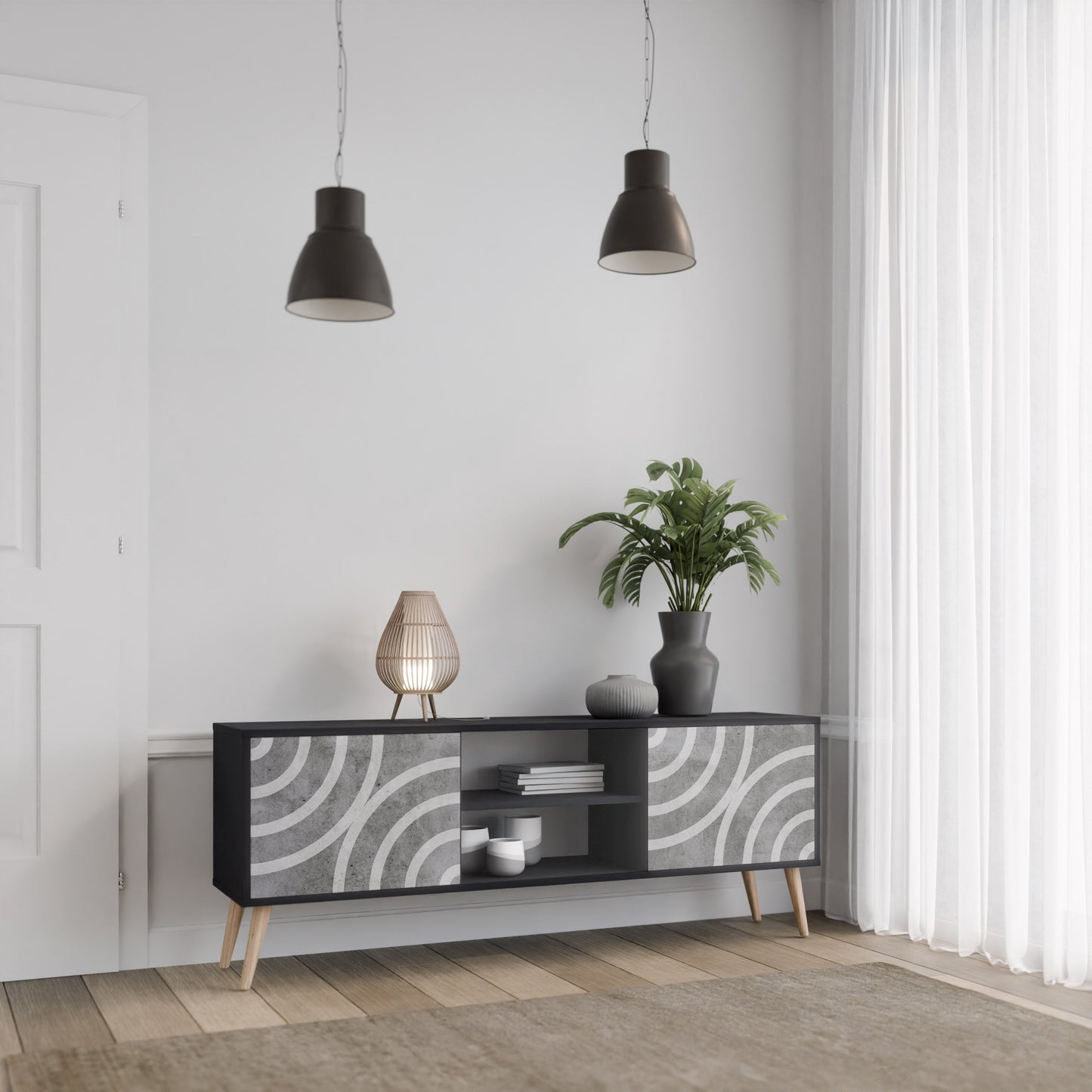 Mobile TV CIRCLE CONCRETE a 2 ante in finitura nera