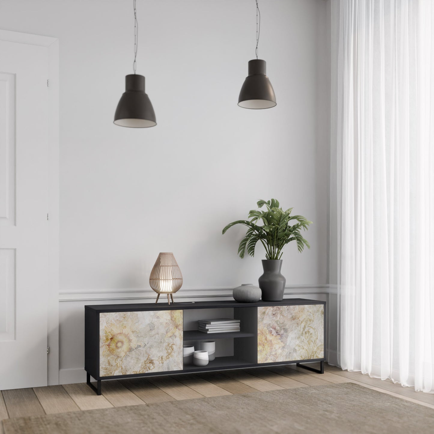 SUNFLOWER BLUR 2-Door TV Stand in Black Finish
