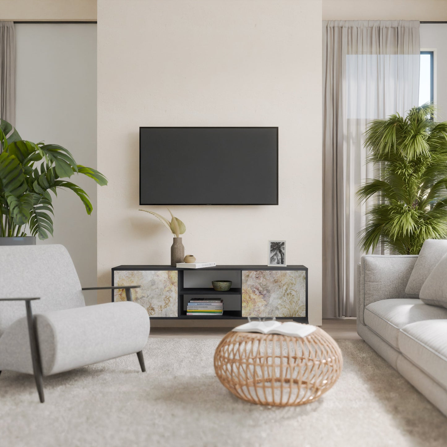 SUNFLOWER BLUR 2-Door TV Stand in Black Finish