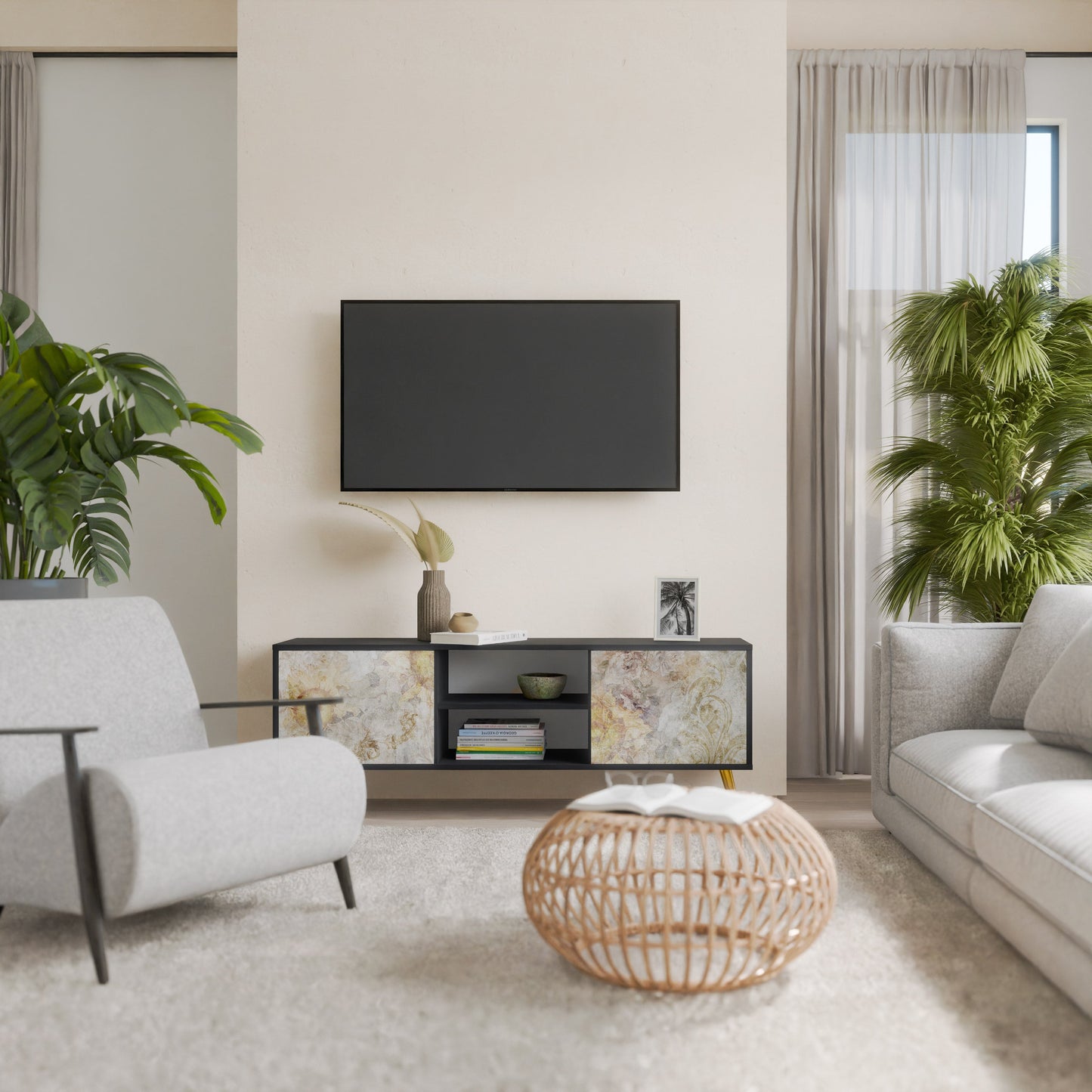 SUNFLOWER BLUR 2-Door TV Stand in Black Finish