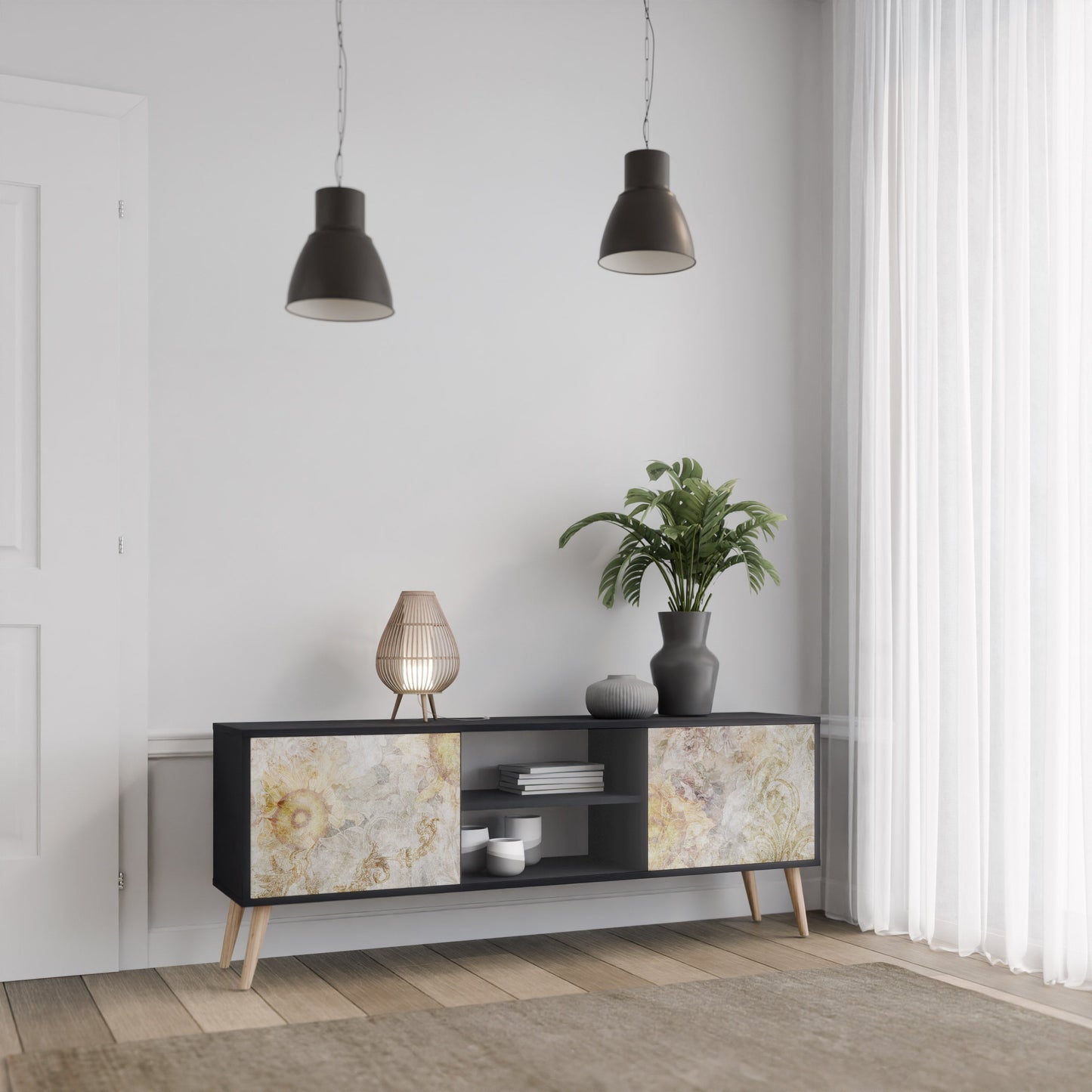 SUNFLOWER BLUR 2-Door TV Stand in Black Finish