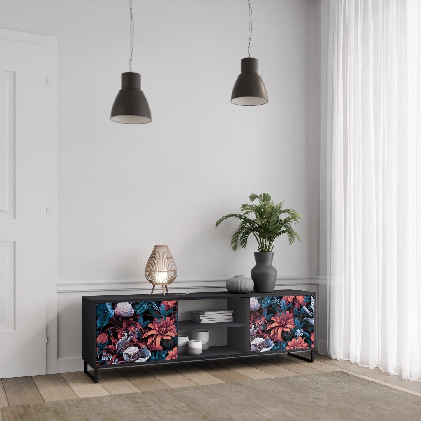 Mobile TV ETHEREAL BLOSSOMS a 2 ante con finitura nera