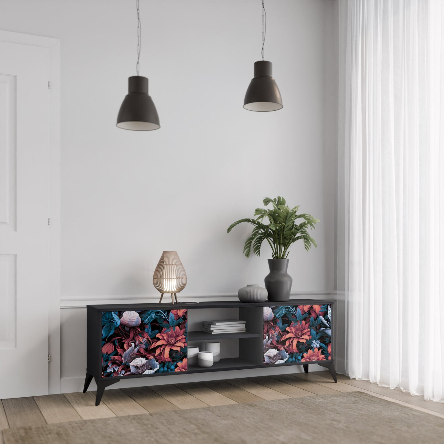 Mobile TV ETHEREAL BLOSSOMS a 2 ante con finitura nera