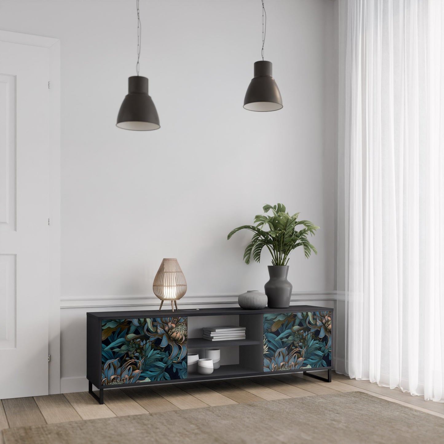 TWILIGHT BLOOM 2-Door TV Stand in Black Finish