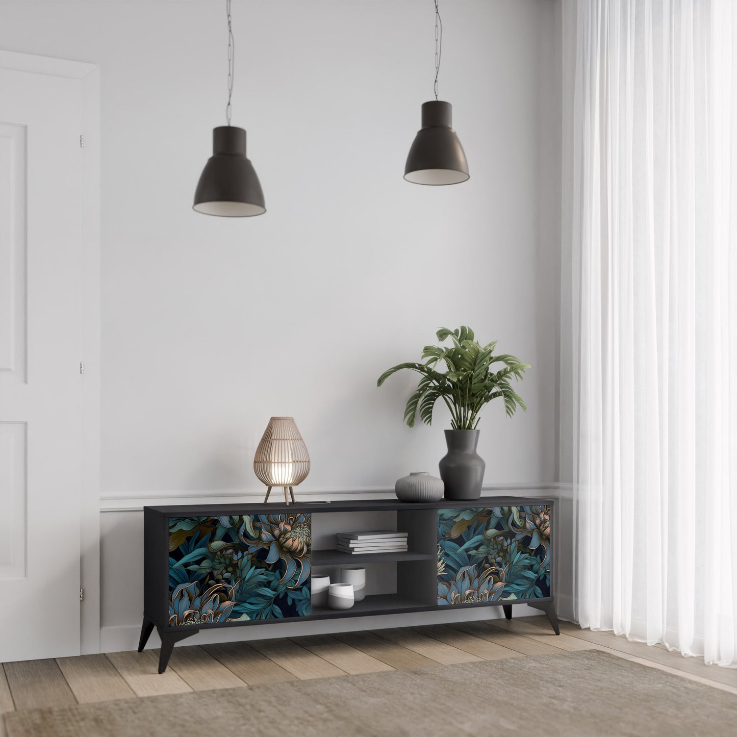 TWILIGHT BLOOM 2-Door TV Stand in Black Finish