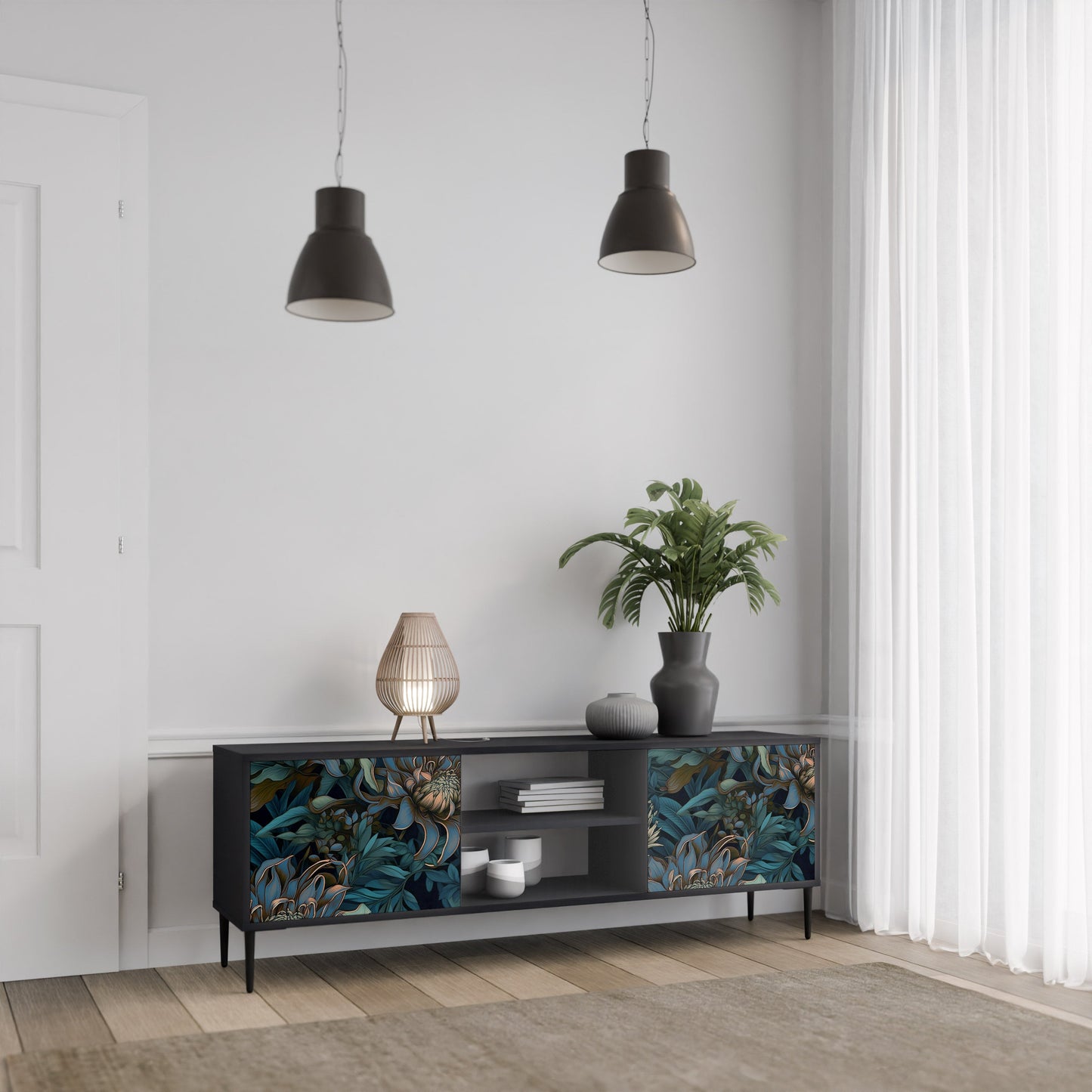 TWILIGHT BLOOM 2-Door TV Stand in Black Finish