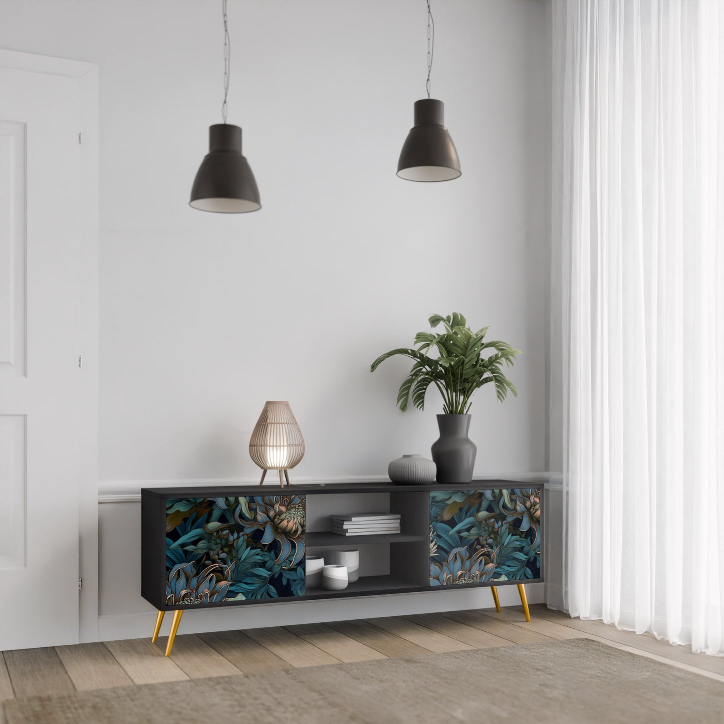 TWILIGHT BLOOM 2-Door TV Stand in Black Finish