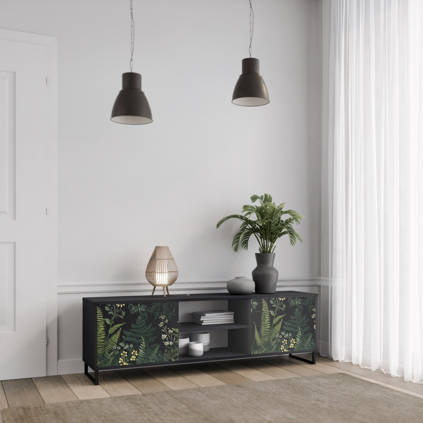 Mobile TV a 2 ante FERN FLOWERS in finitura nera