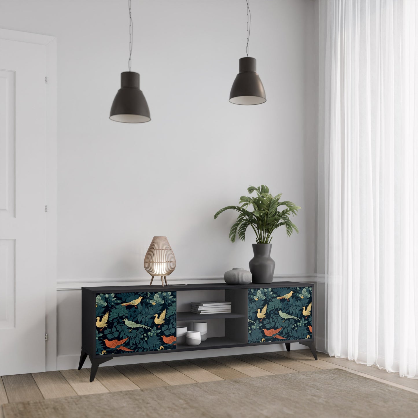 Mobile TV FOWL ORNAMENT a 2 ante con finitura nera