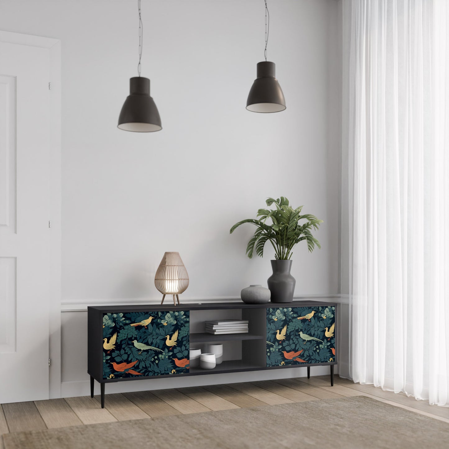 Mobile TV FOWL ORNAMENT a 2 ante con finitura nera