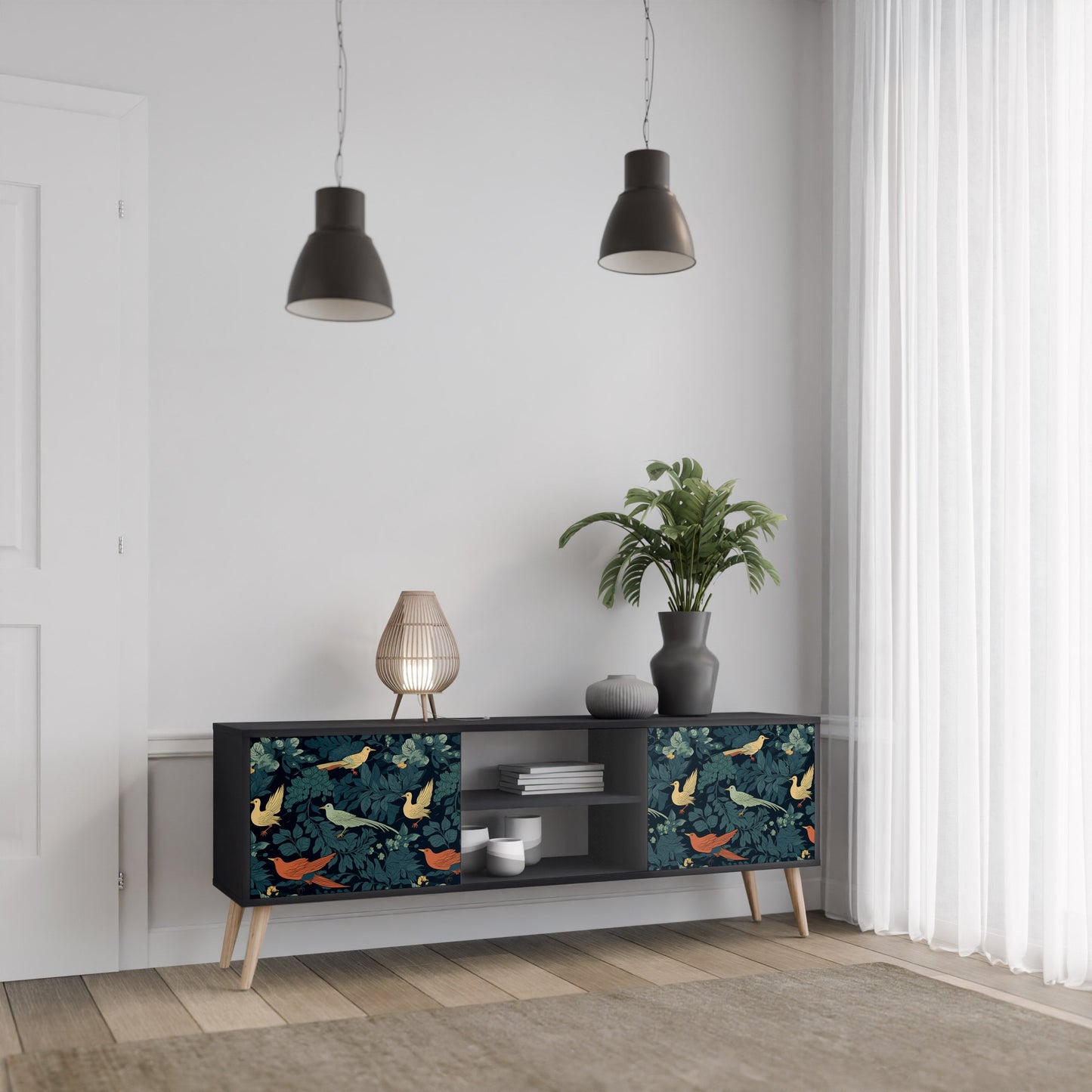 Mobile TV FOWL ORNAMENT a 2 ante con finitura nera