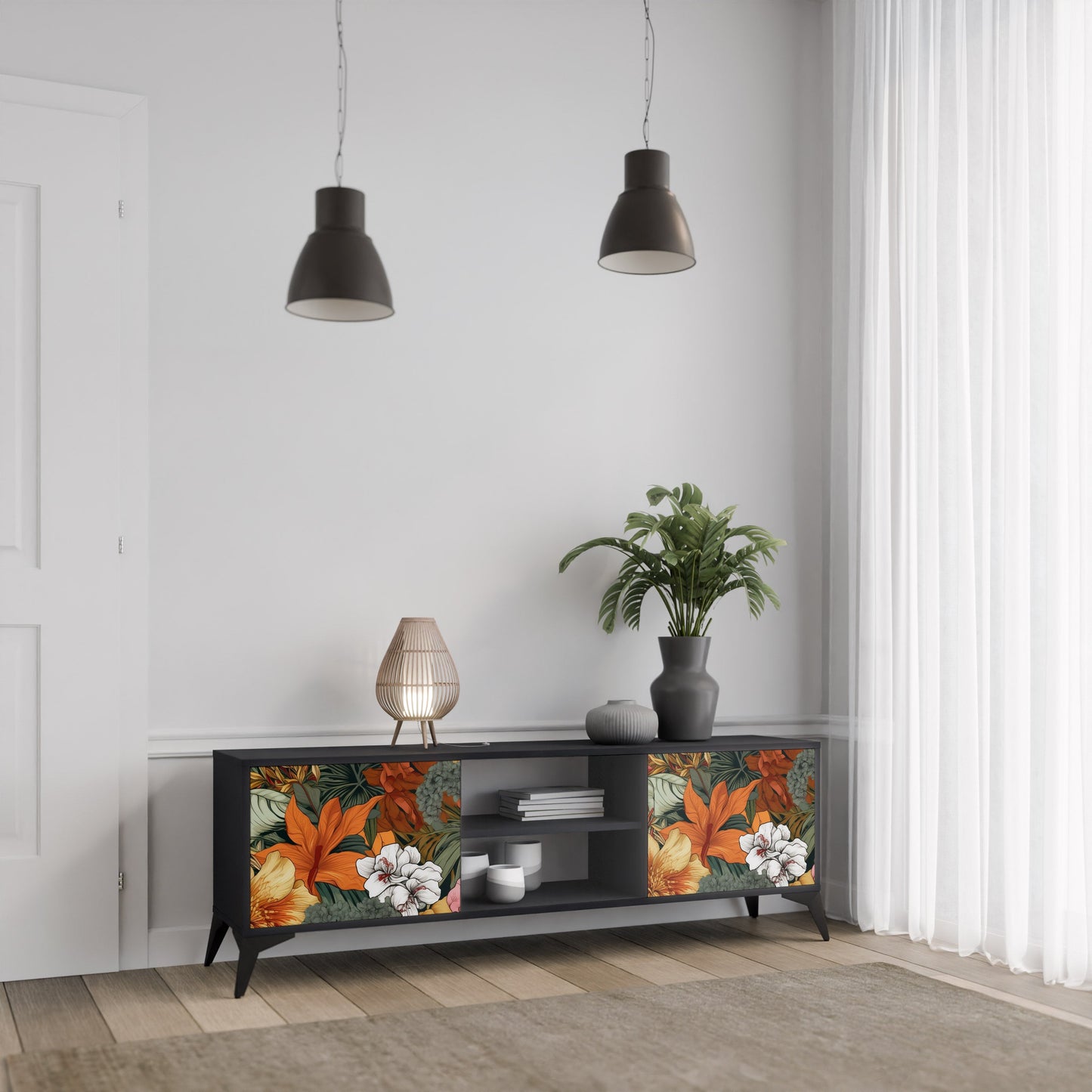 Mobile TV RADIANT FLORA a 2 ante in finitura nera