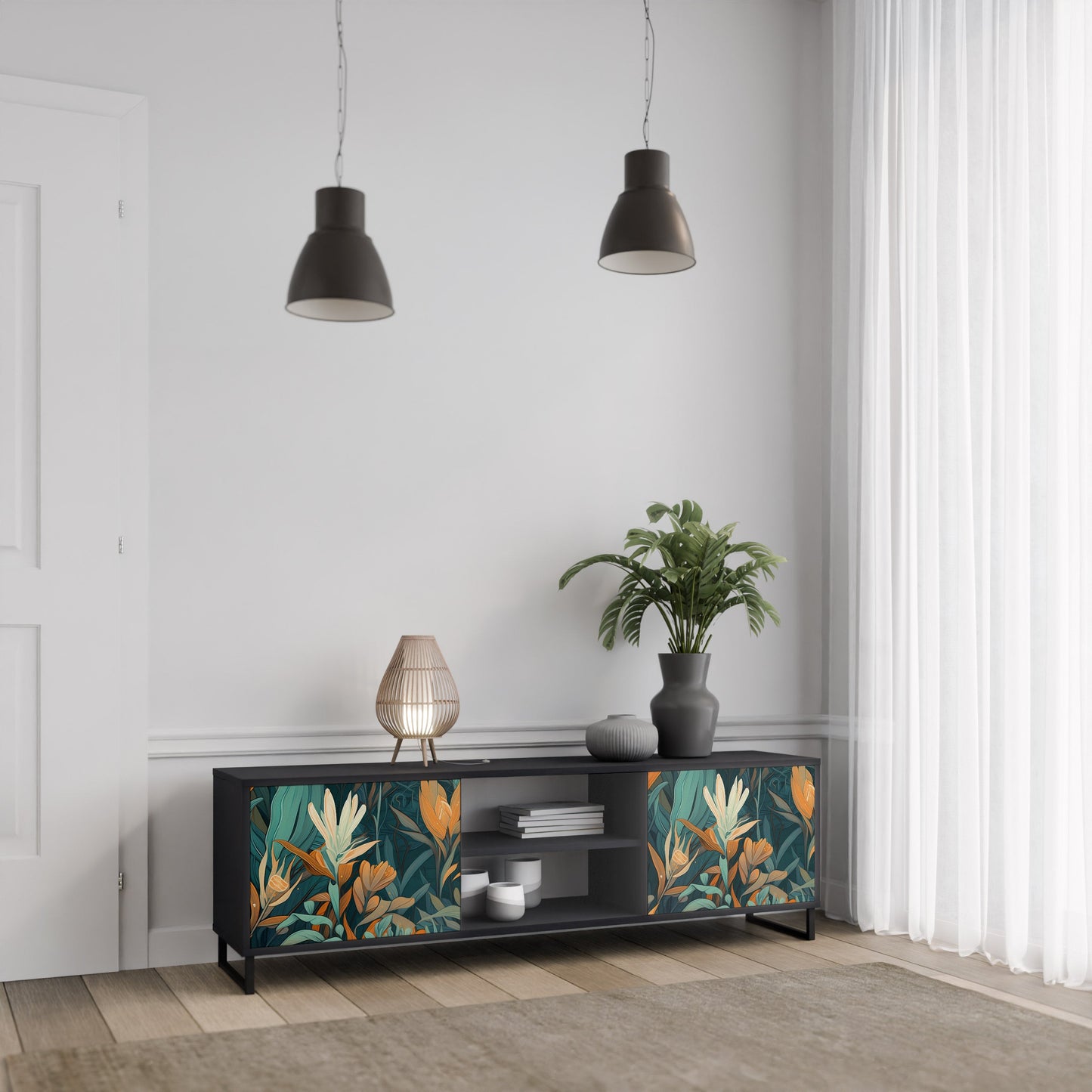 Mobile TV a 2 ante FLORAL SERENITY in finitura nera