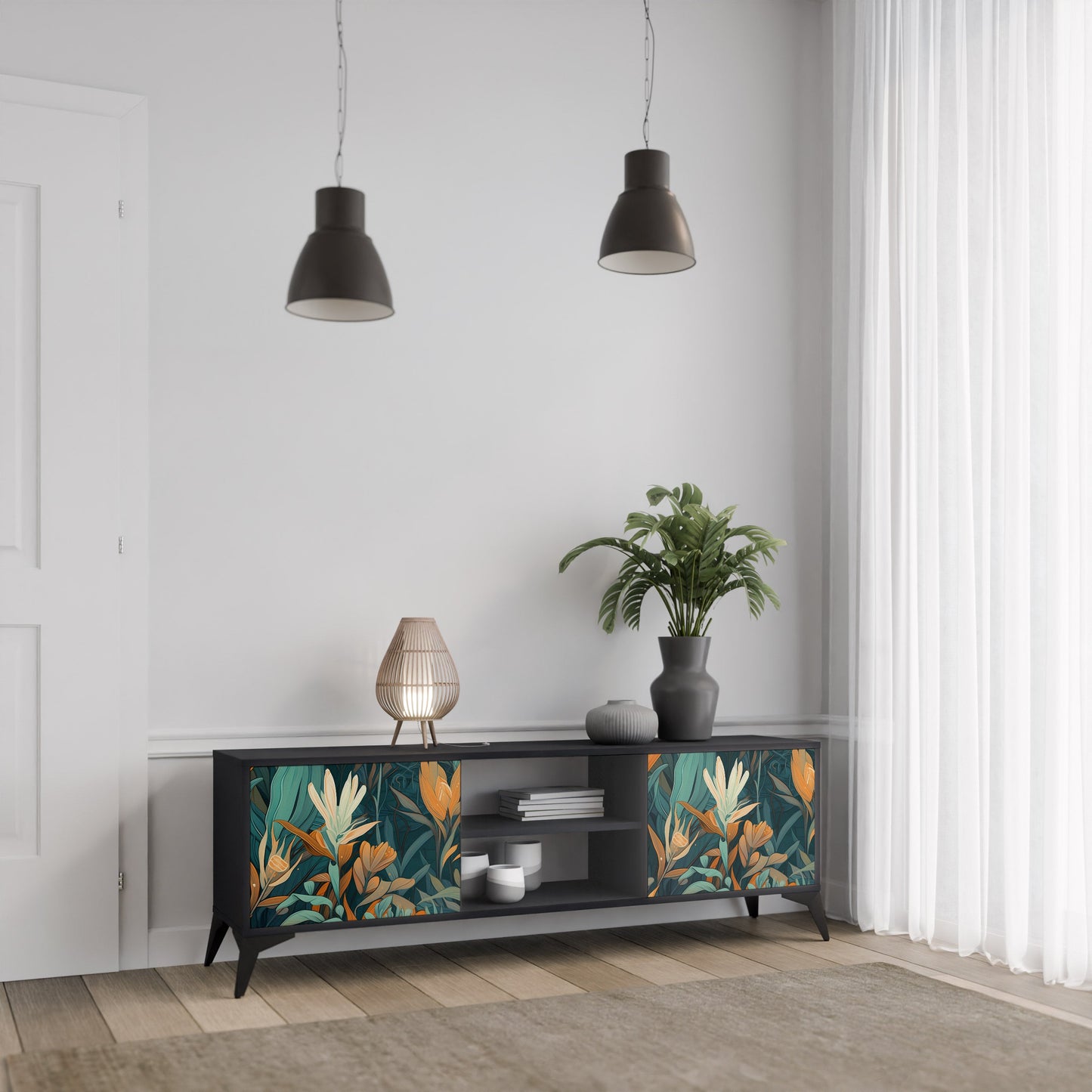 Mobile TV a 2 ante FLORAL SERENITY in finitura nera