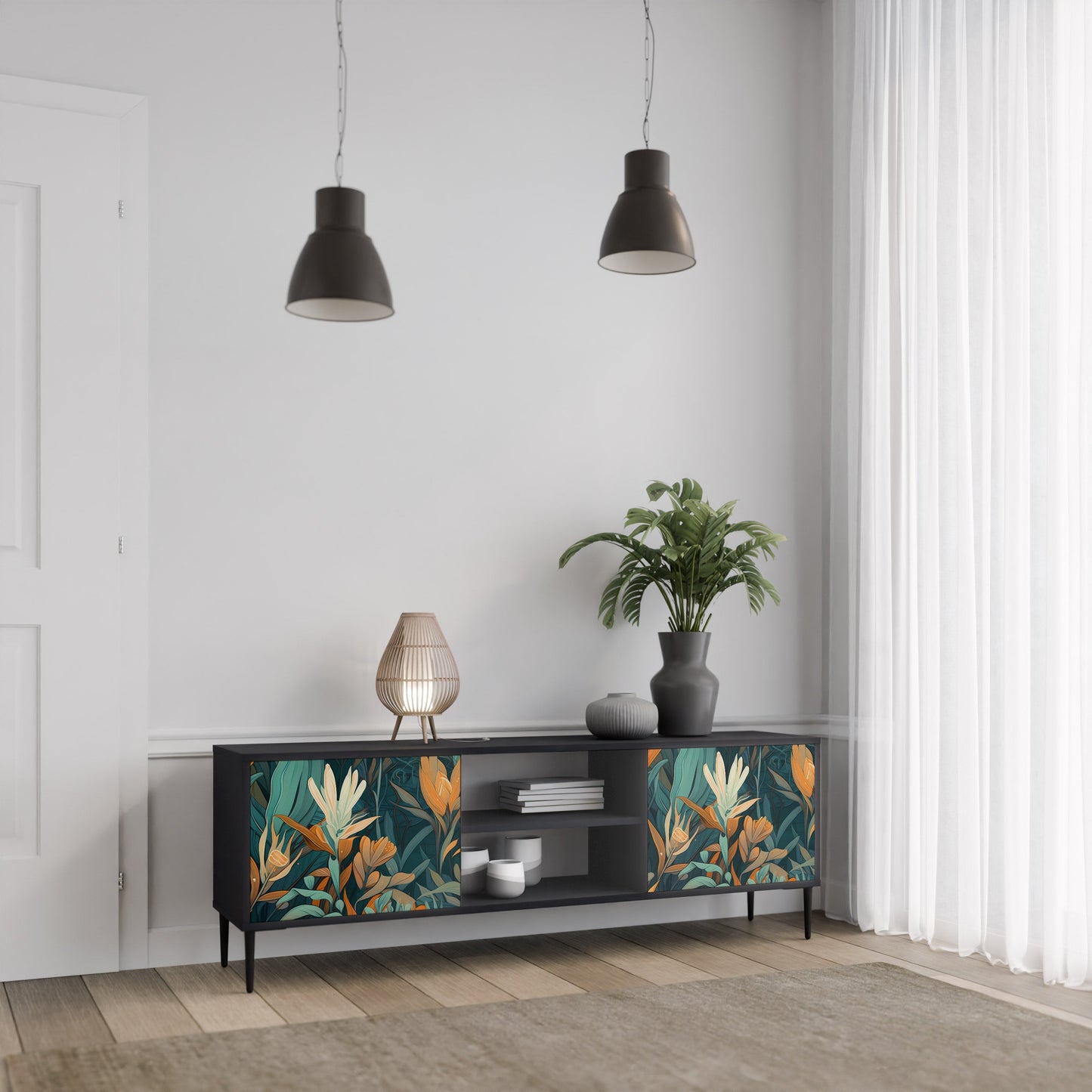 Mobile TV a 2 ante FLORAL SERENITY in finitura nera