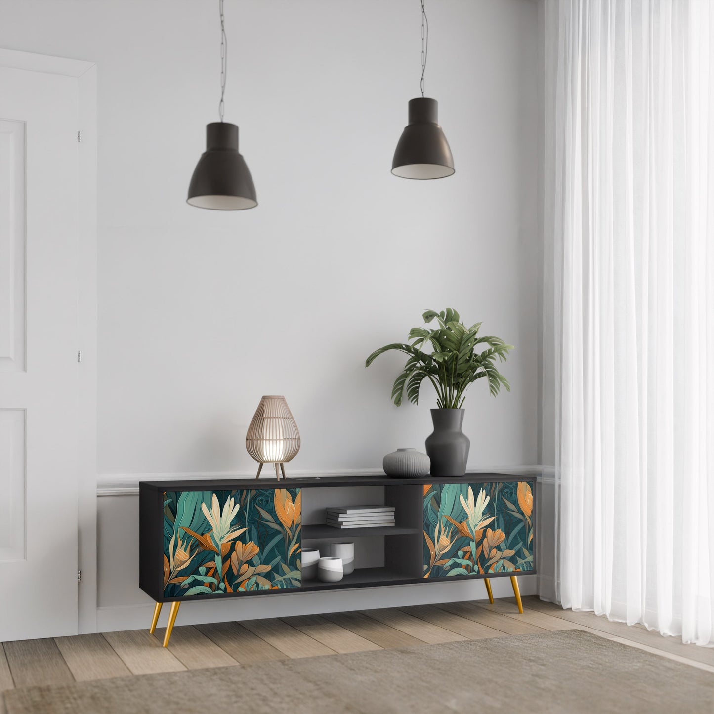 Mobile TV a 2 ante FLORAL SERENITY in finitura nera