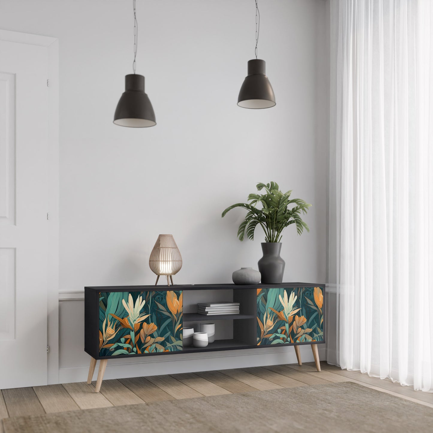 Mobile TV a 2 ante FLORAL SERENITY in finitura nera