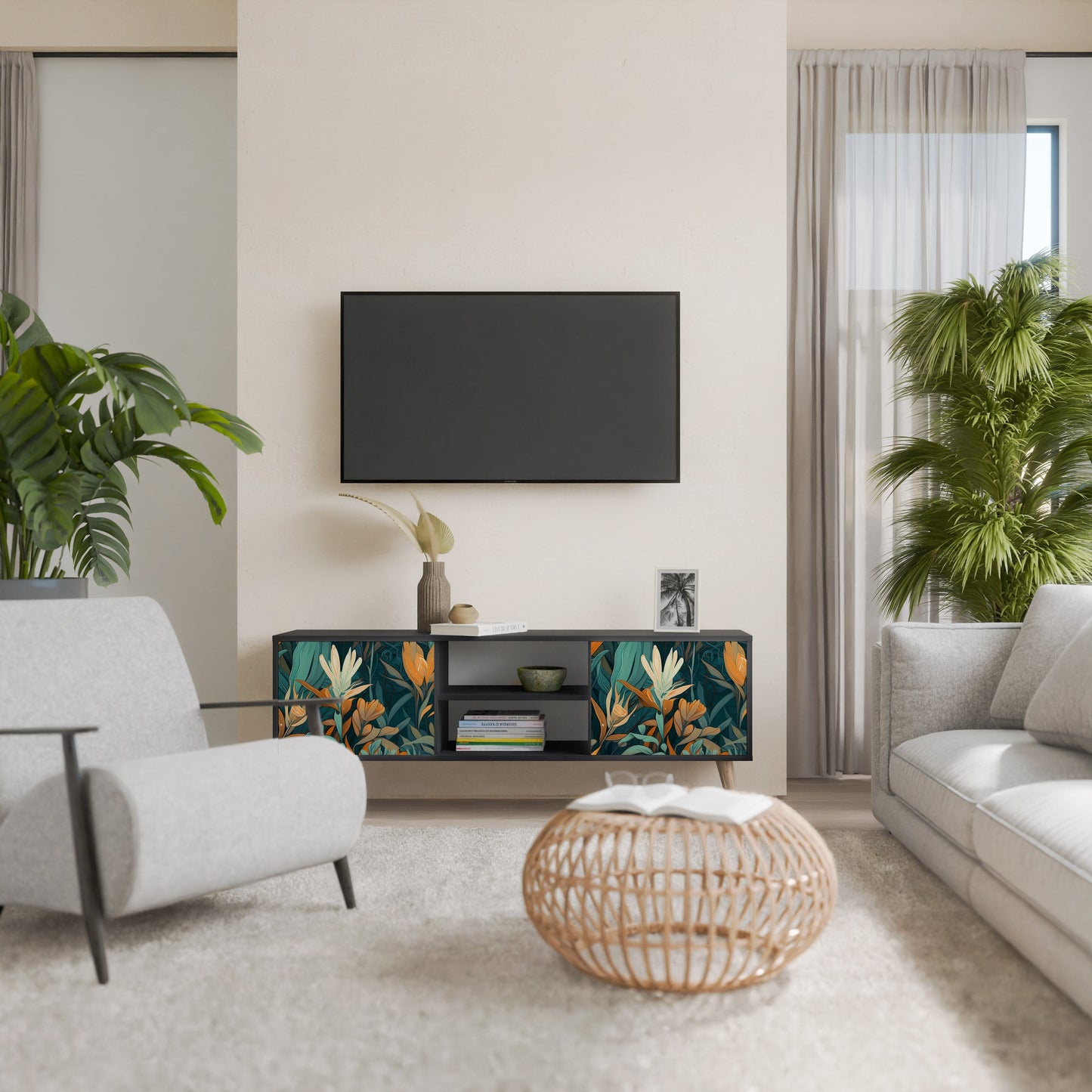 Mobile TV a 2 ante FLORAL SERENITY in finitura nera