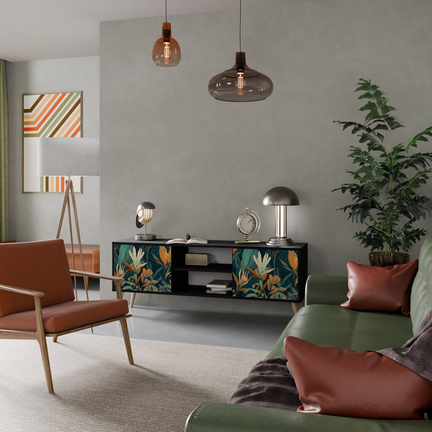 Mobile TV a 2 ante FLORAL SERENITY in finitura nera