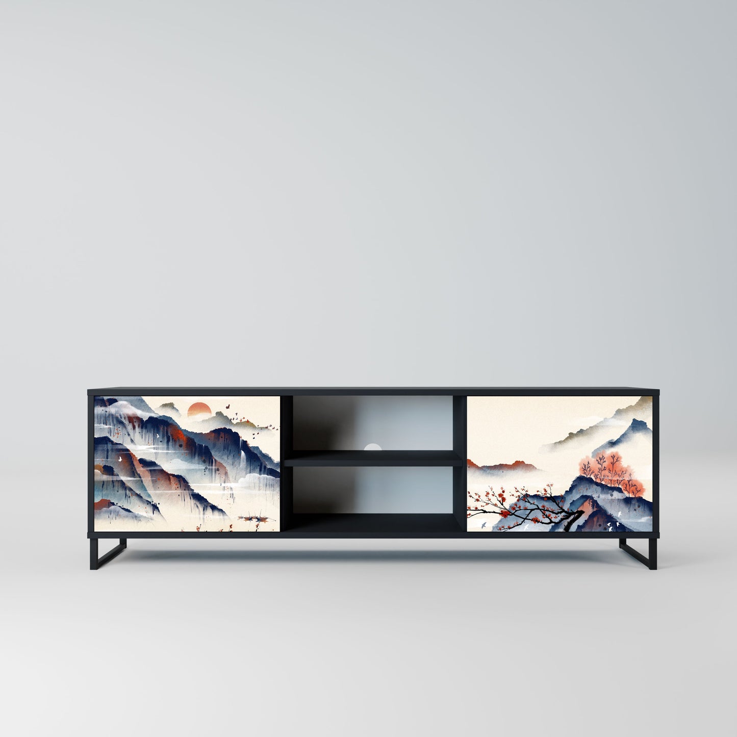 JAPANESE LANDSCAPE 2-Door TV Stand in Black Finish