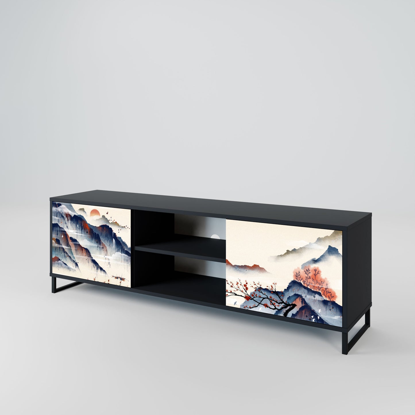 JAPANESE LANDSCAPE 2-Door TV Stand in Black Finish