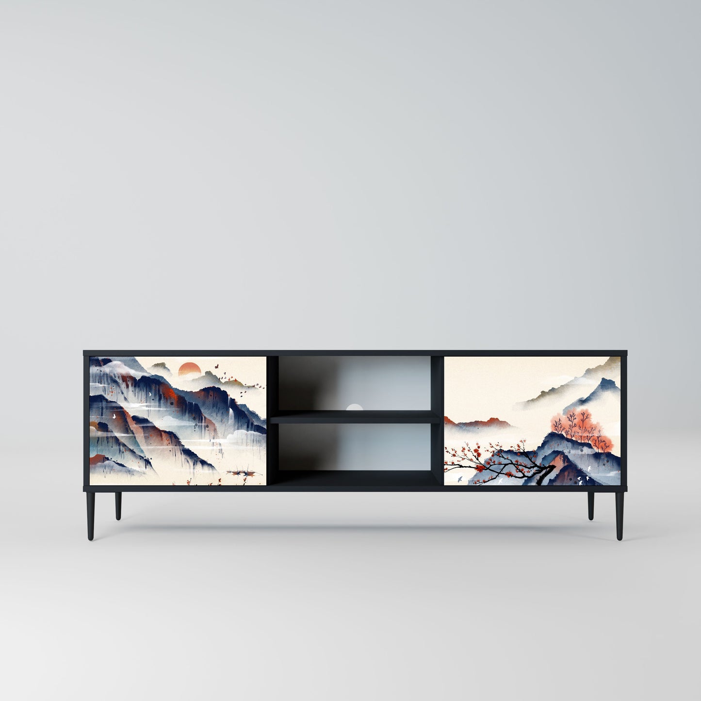 JAPANESE LANDSCAPE 2-Door TV Stand in Black Finish