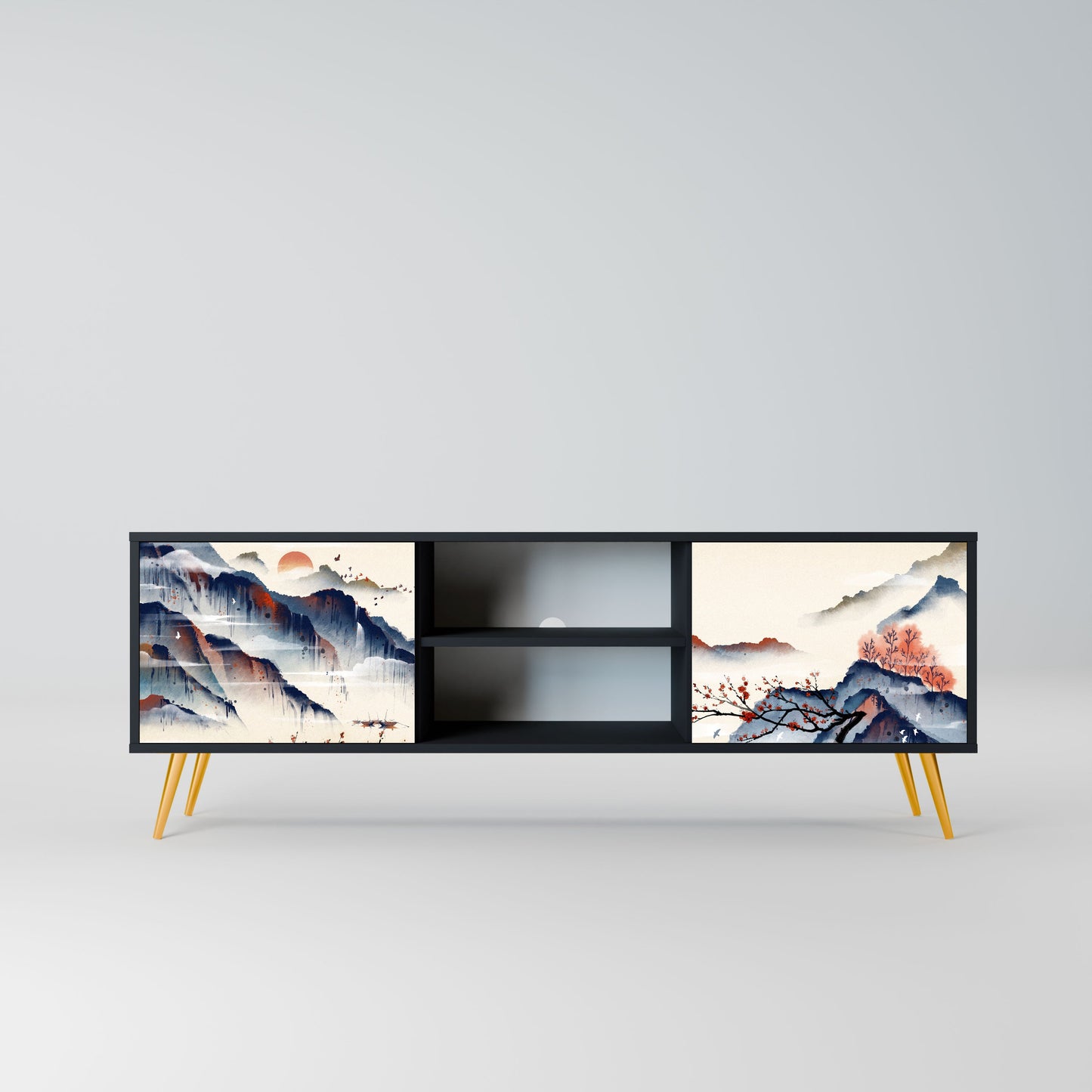 JAPANESE LANDSCAPE 2-Door TV Stand in Black Finish