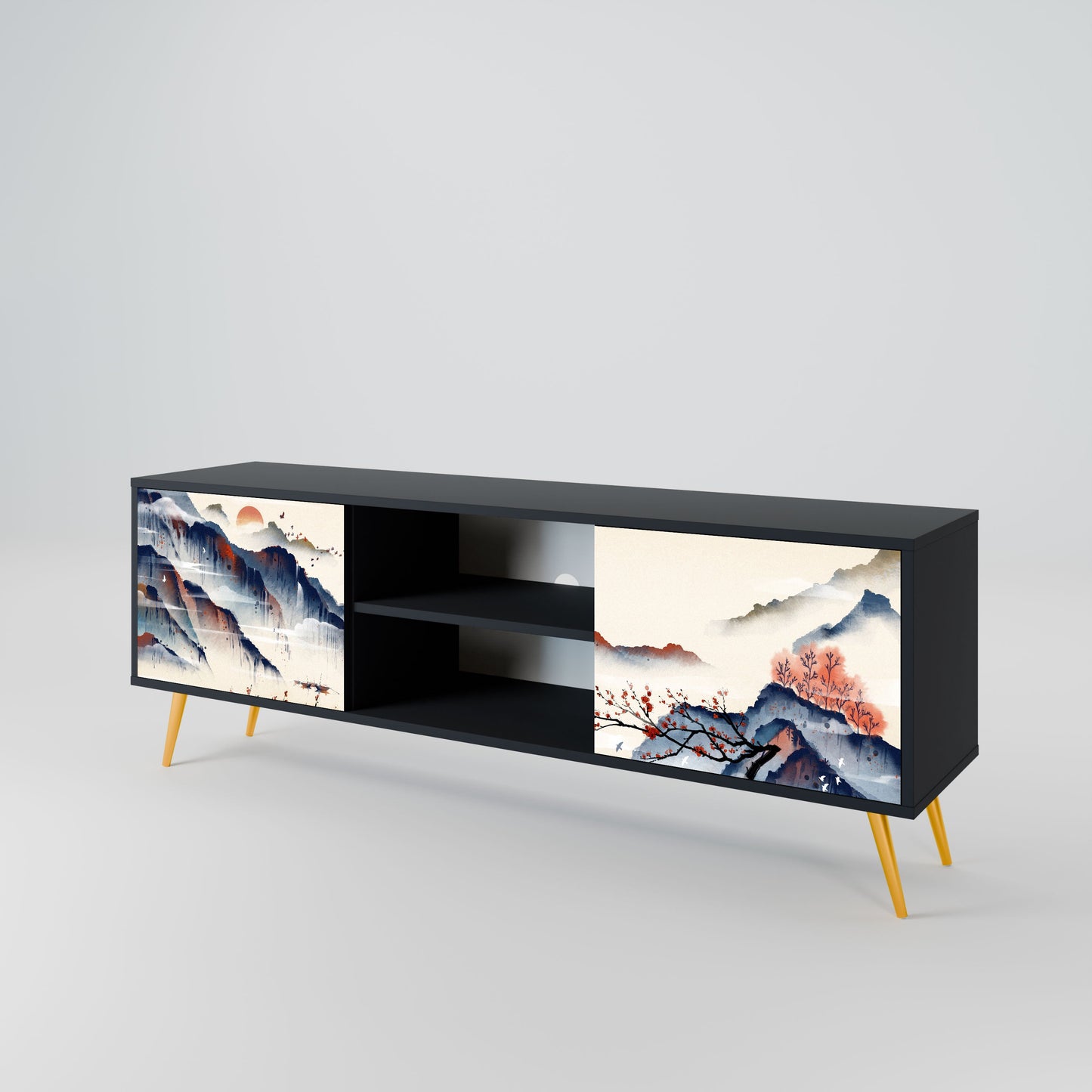 JAPANESE LANDSCAPE 2-Door TV Stand in Black Finish