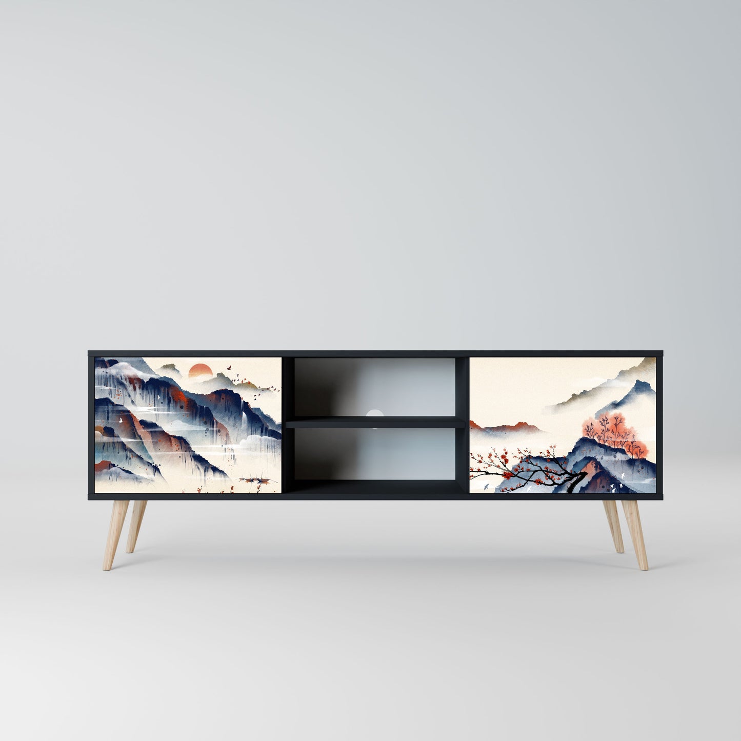 JAPANESE LANDSCAPE 2-Door TV Stand in Black Finish