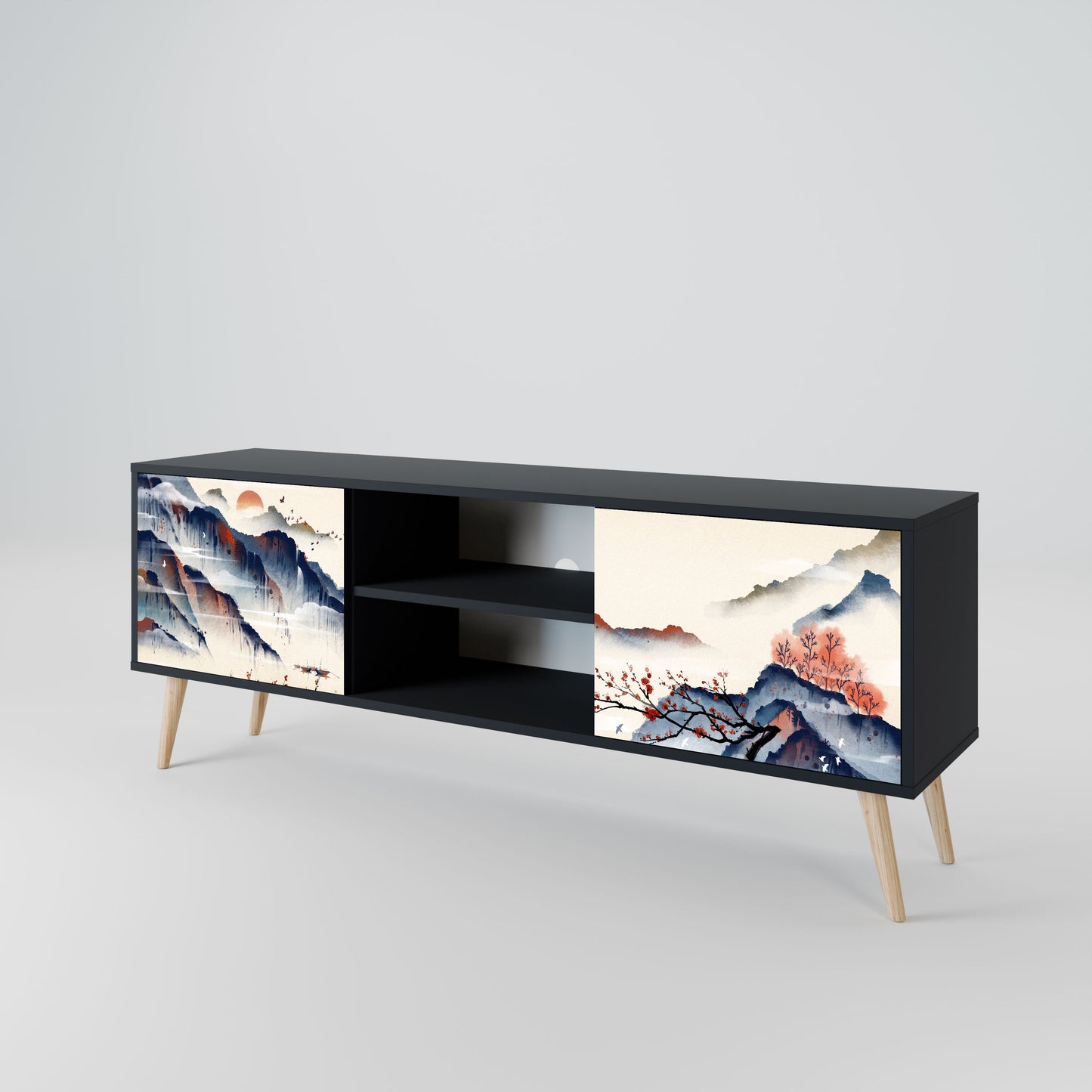 JAPANESE LANDSCAPE 2-Door TV Stand in Black Finish