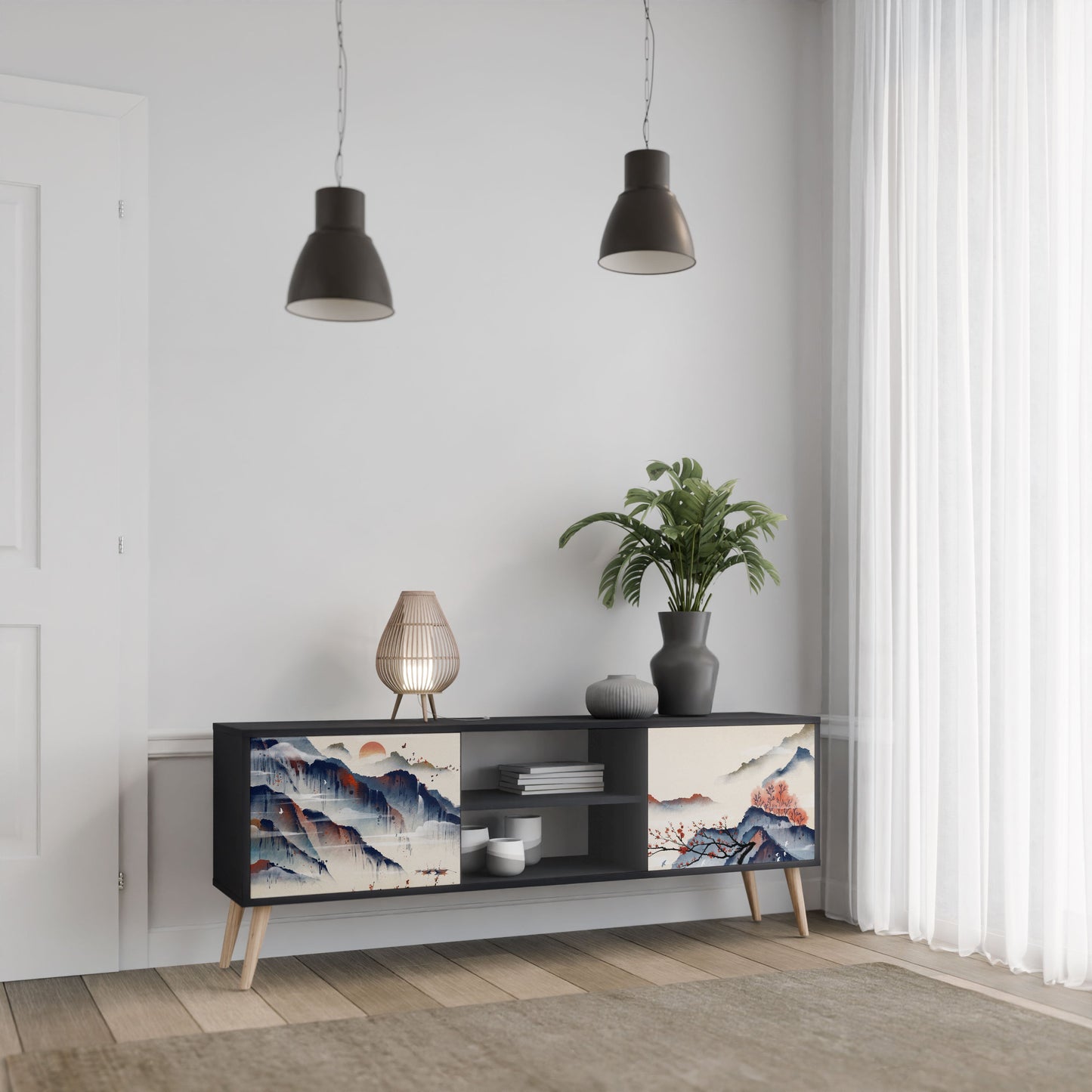 JAPANESE LANDSCAPE 2-Door TV Stand in Black Finish
