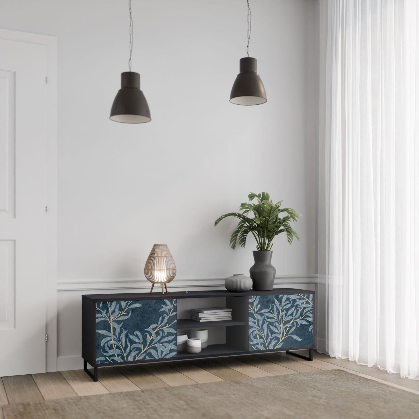 Porta TV BLUE LEAVES a 2 ante in finitura nera