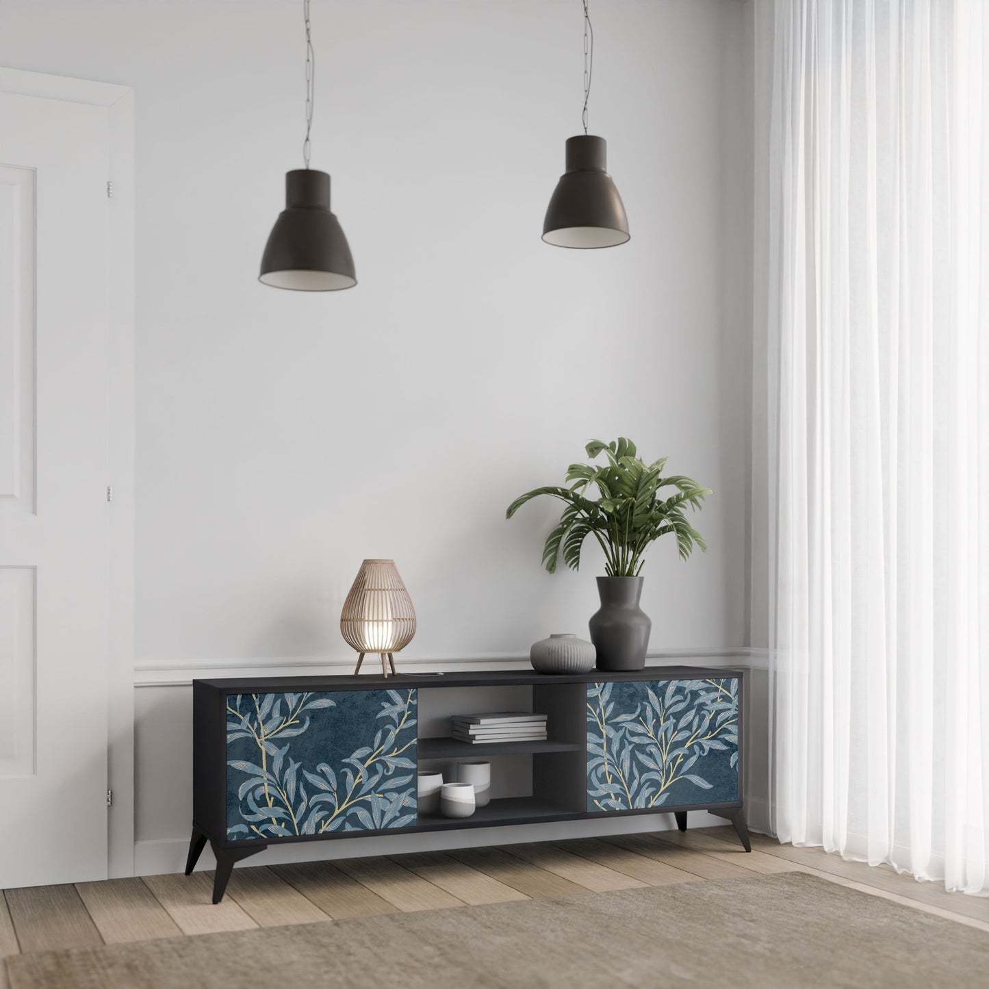 Porta TV BLUE LEAVES a 2 ante in finitura nera