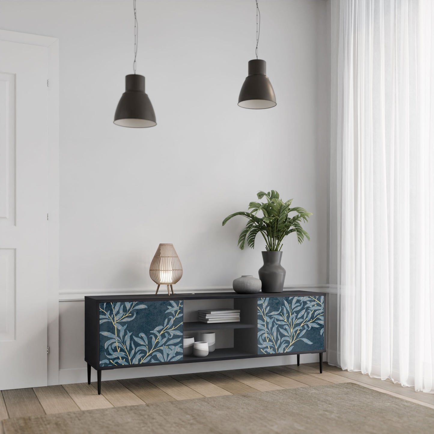 Porta TV BLUE LEAVES a 2 ante in finitura nera