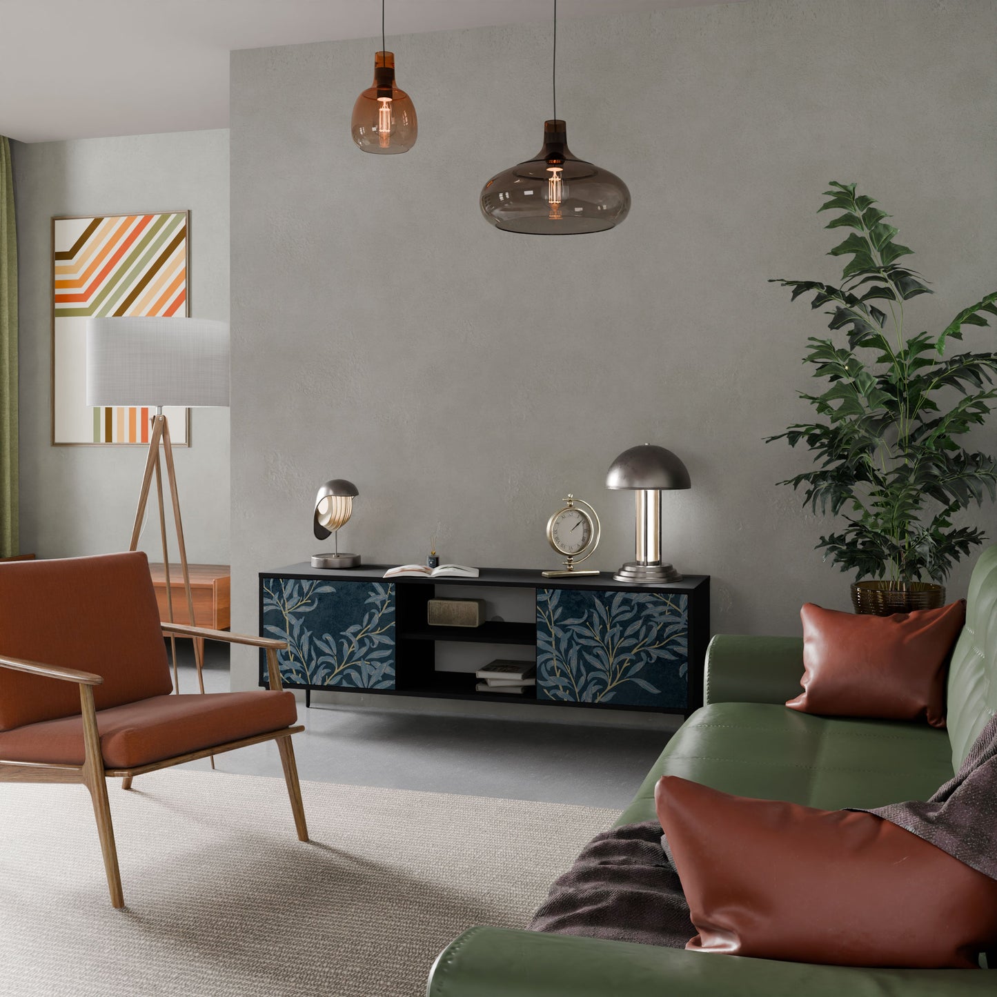 Porta TV BLUE LEAVES a 2 ante in finitura nera