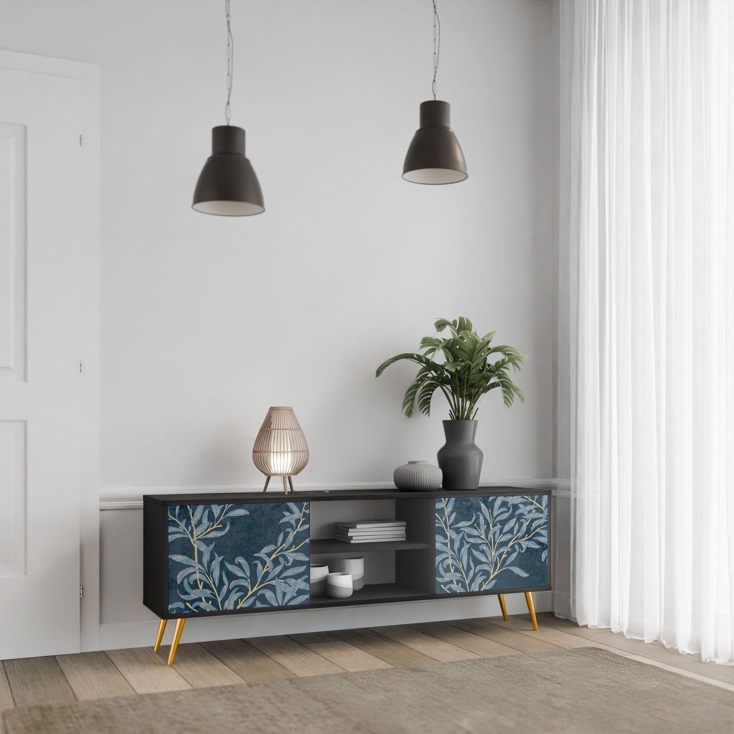 Porta TV BLUE LEAVES a 2 ante in finitura nera