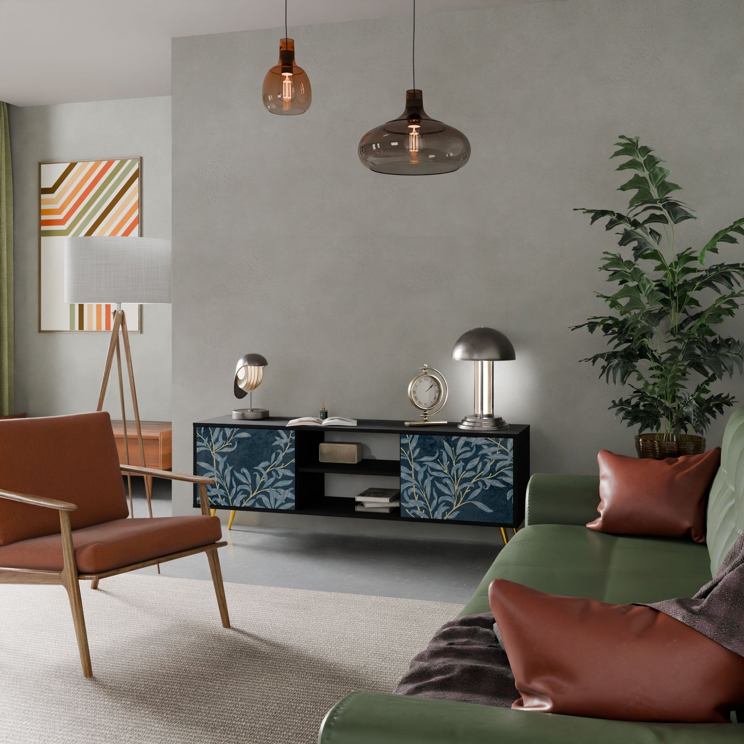 Porta TV BLUE LEAVES a 2 ante in finitura nera
