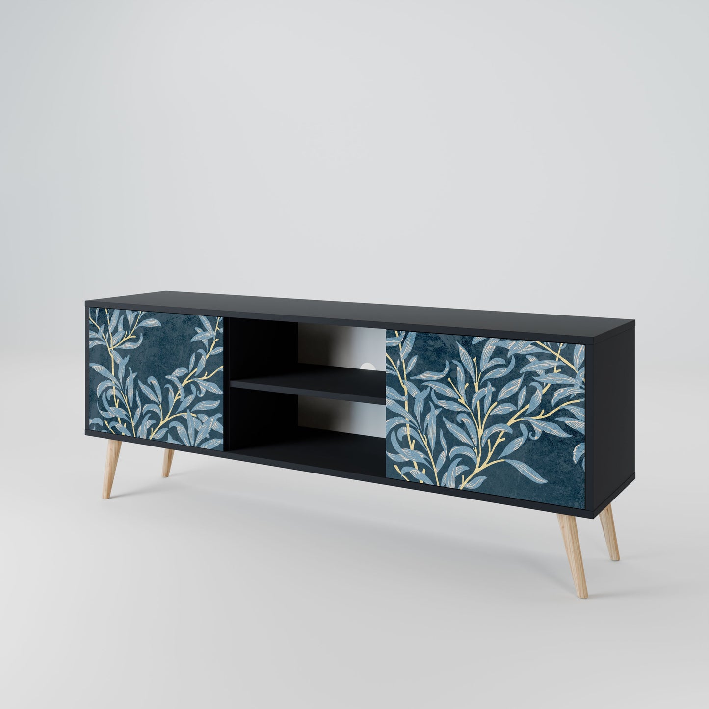 Porta TV BLUE LEAVES a 2 ante in finitura nera