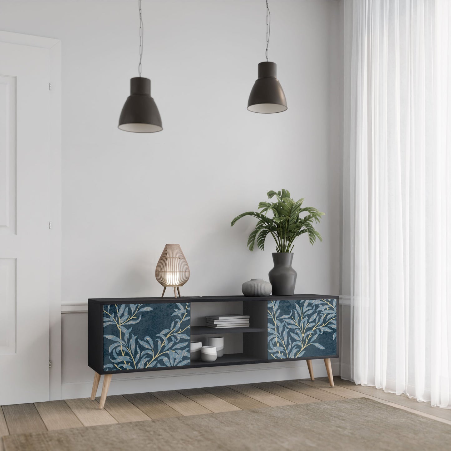 Porta TV BLUE LEAVES a 2 ante in finitura nera