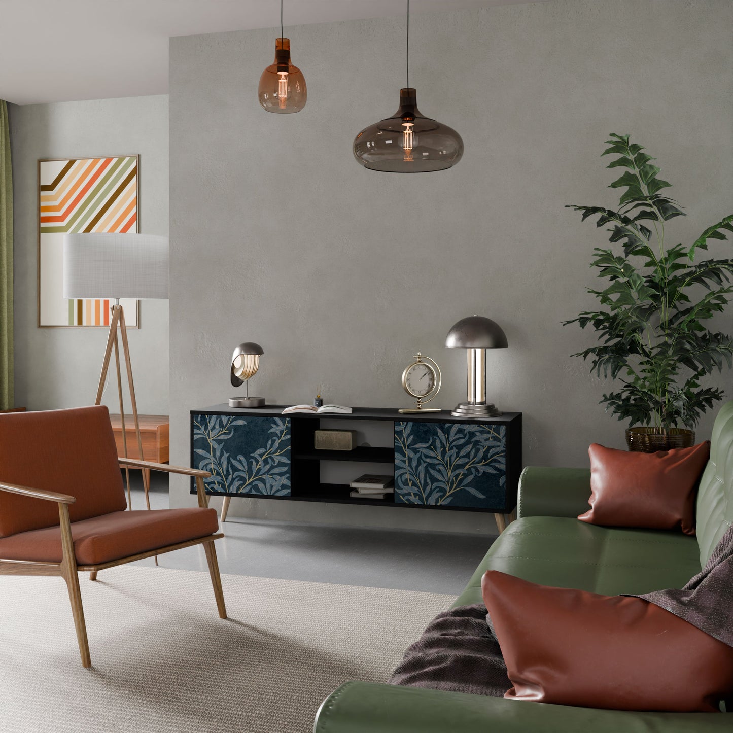 Porta TV BLUE LEAVES a 2 ante in finitura nera