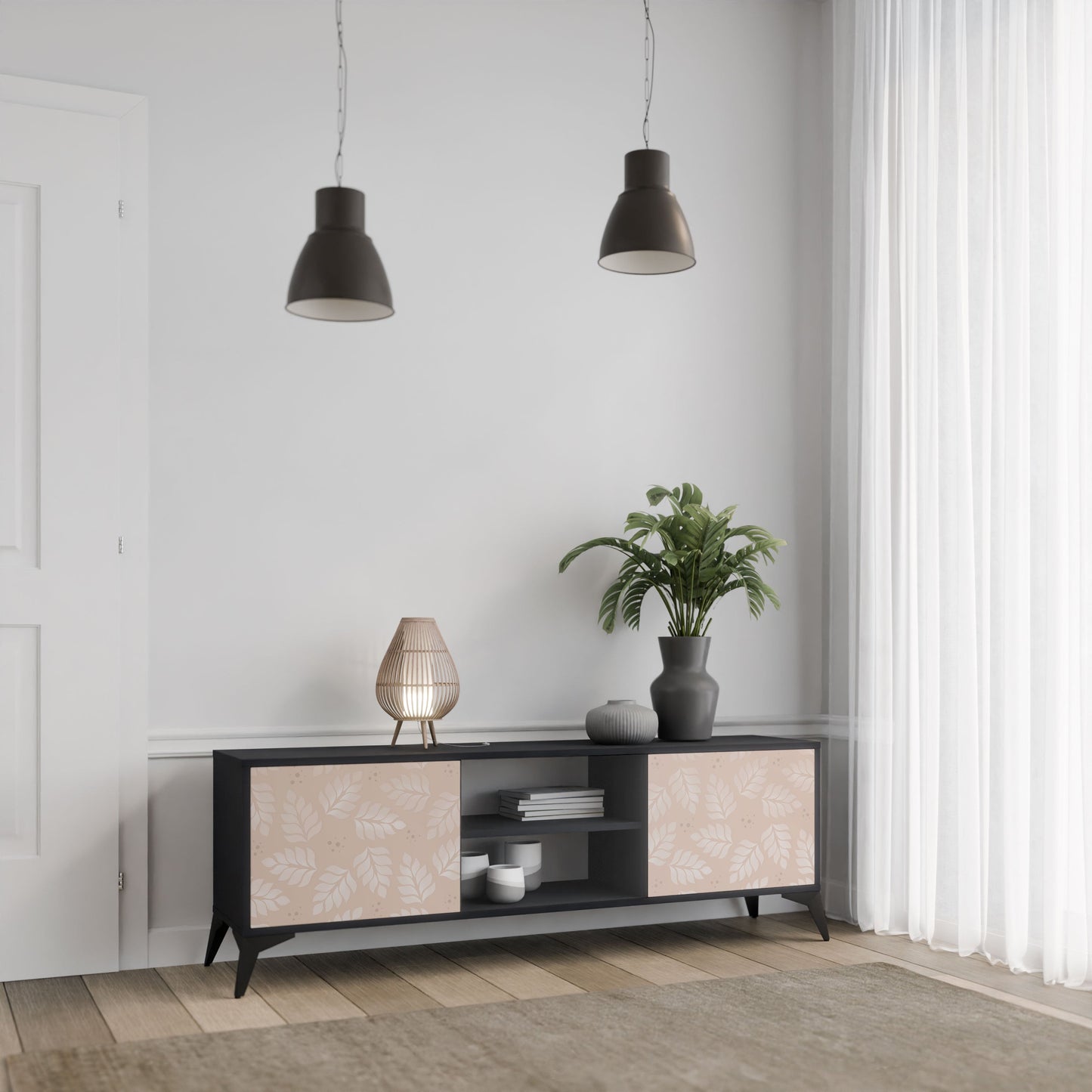 LEAVES ON BEIGE Mobile TV a 2 ante con finitura nera