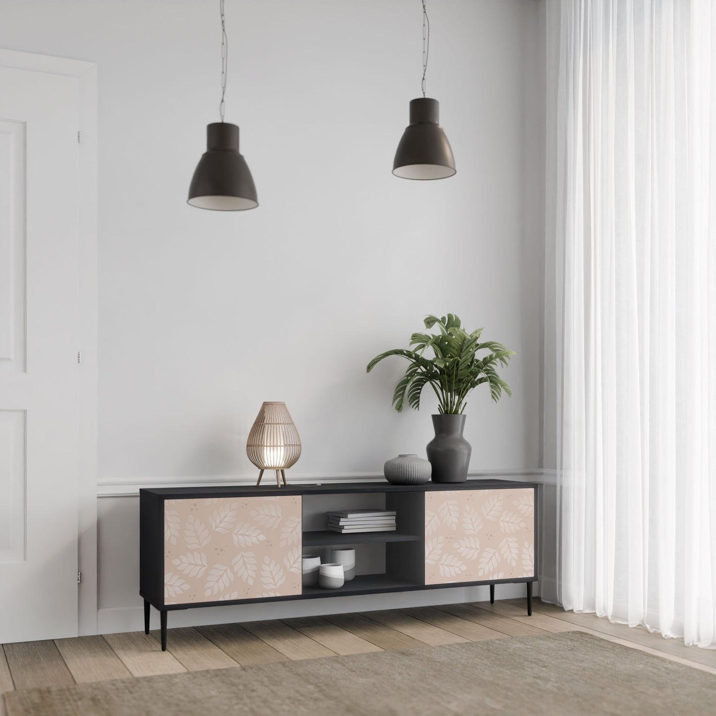LEAVES ON BEIGE Mobile TV a 2 ante con finitura nera
